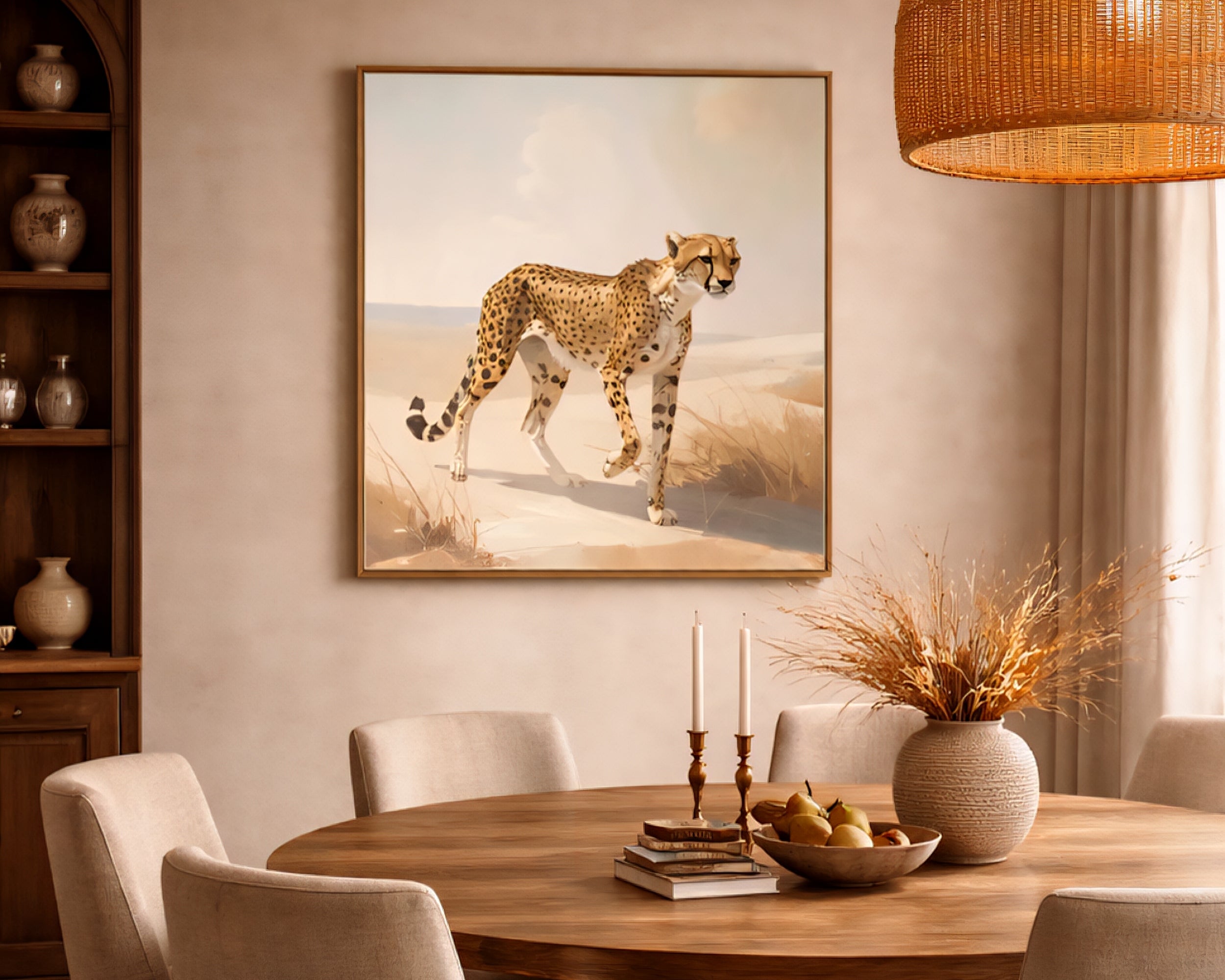 Neutral cheetah wildlife printable wall art digital download displayed as large dining room wall art
