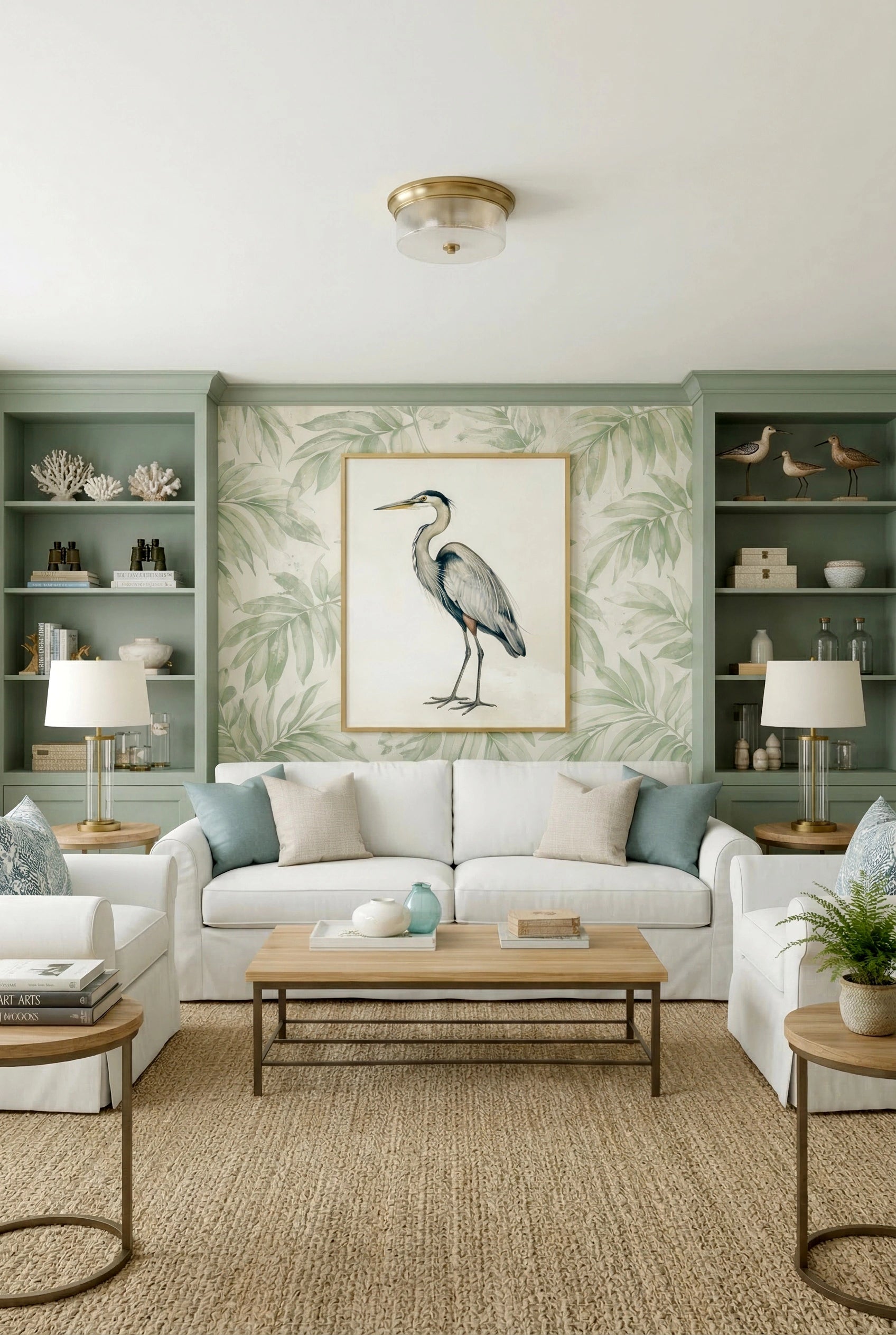 Neutral heron wall art in modern sage green living room
