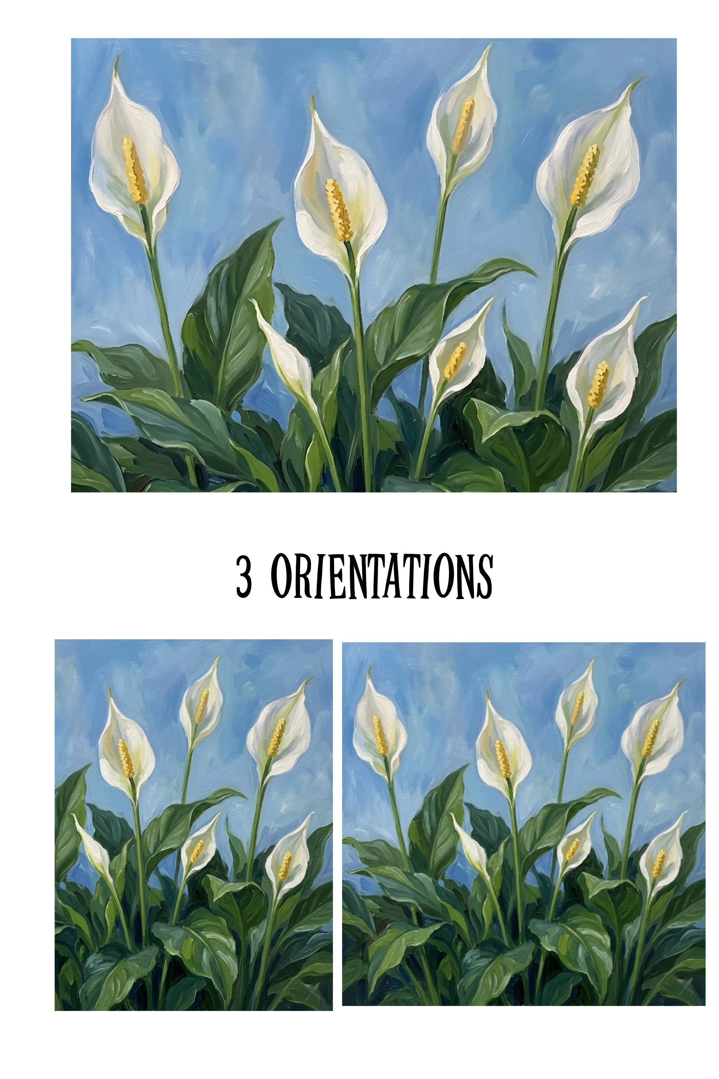 Peace lily wall art printable showing three orientations—horizontal, vertical, and square—with white blooms and lush green leaves on a soft blue background, botanical digital download