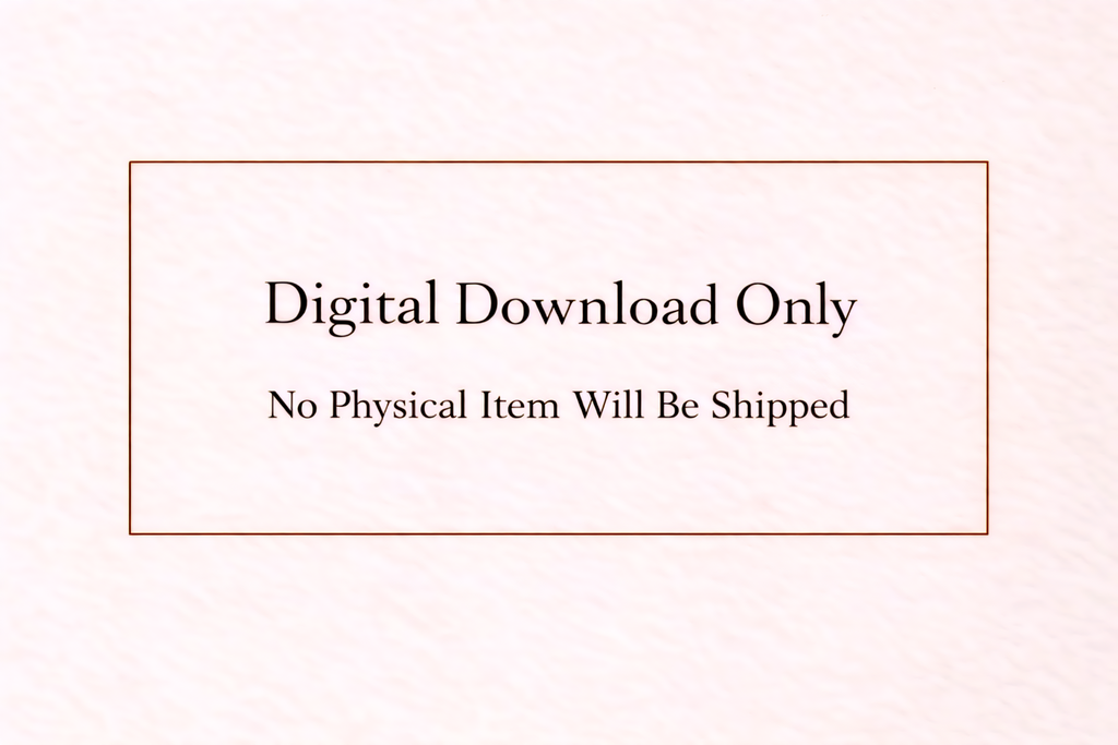 Text indicating digital download only with no physical item will be shipped on a light pink background.