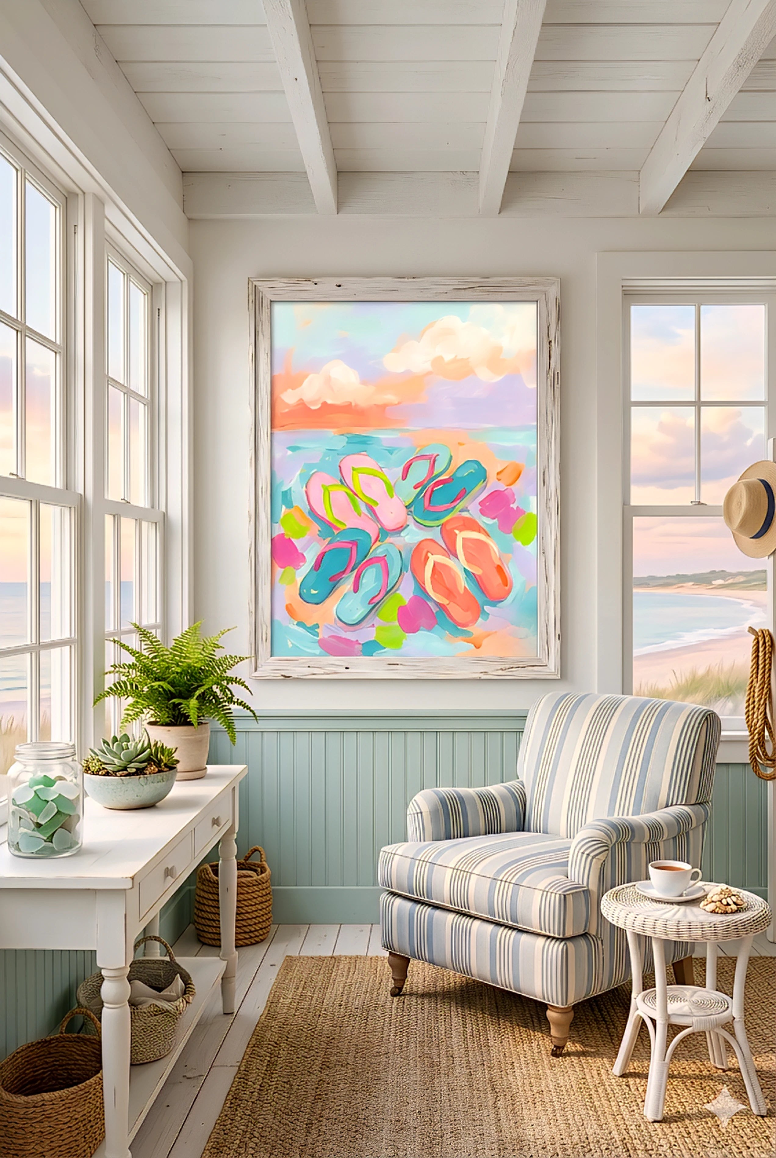 Digital download coastal flip flop beach wall art in cottage sunroom, pastel ocean print in relaxed coastal seating space