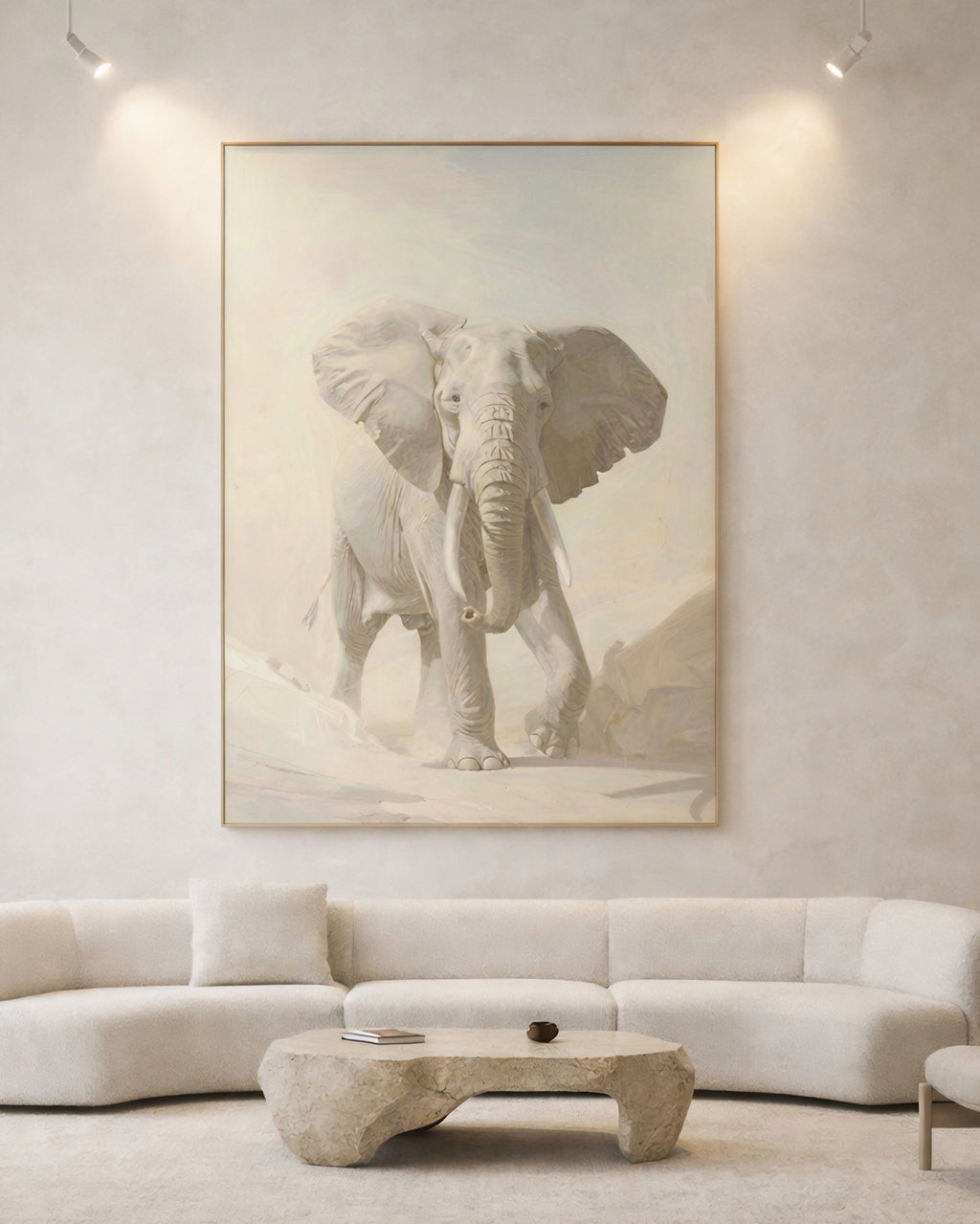 Printable neutral elephant wall art digital download displayed in modern living room with high ceilings and minimalist furniture, large wildlife artwork printable neutral decor digital download