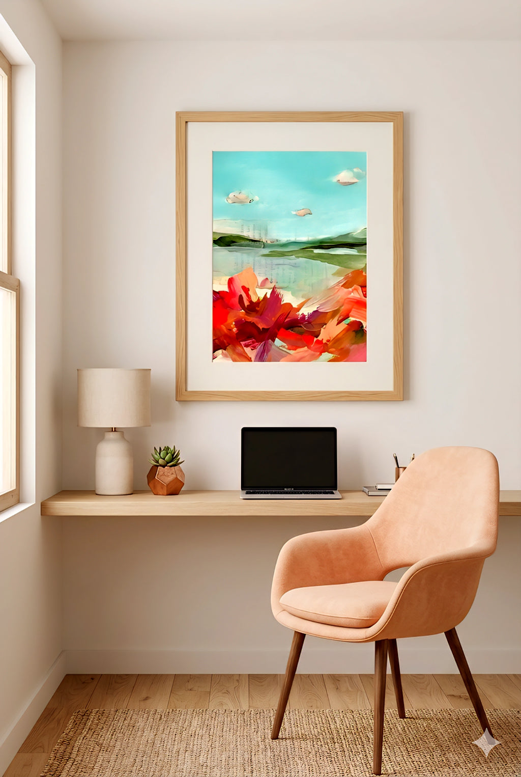 Abstract coastal landscape wall art in light wood frame above desk, aqua and coral modern printable art styled in minimalist home office decor with warm neutral tones
