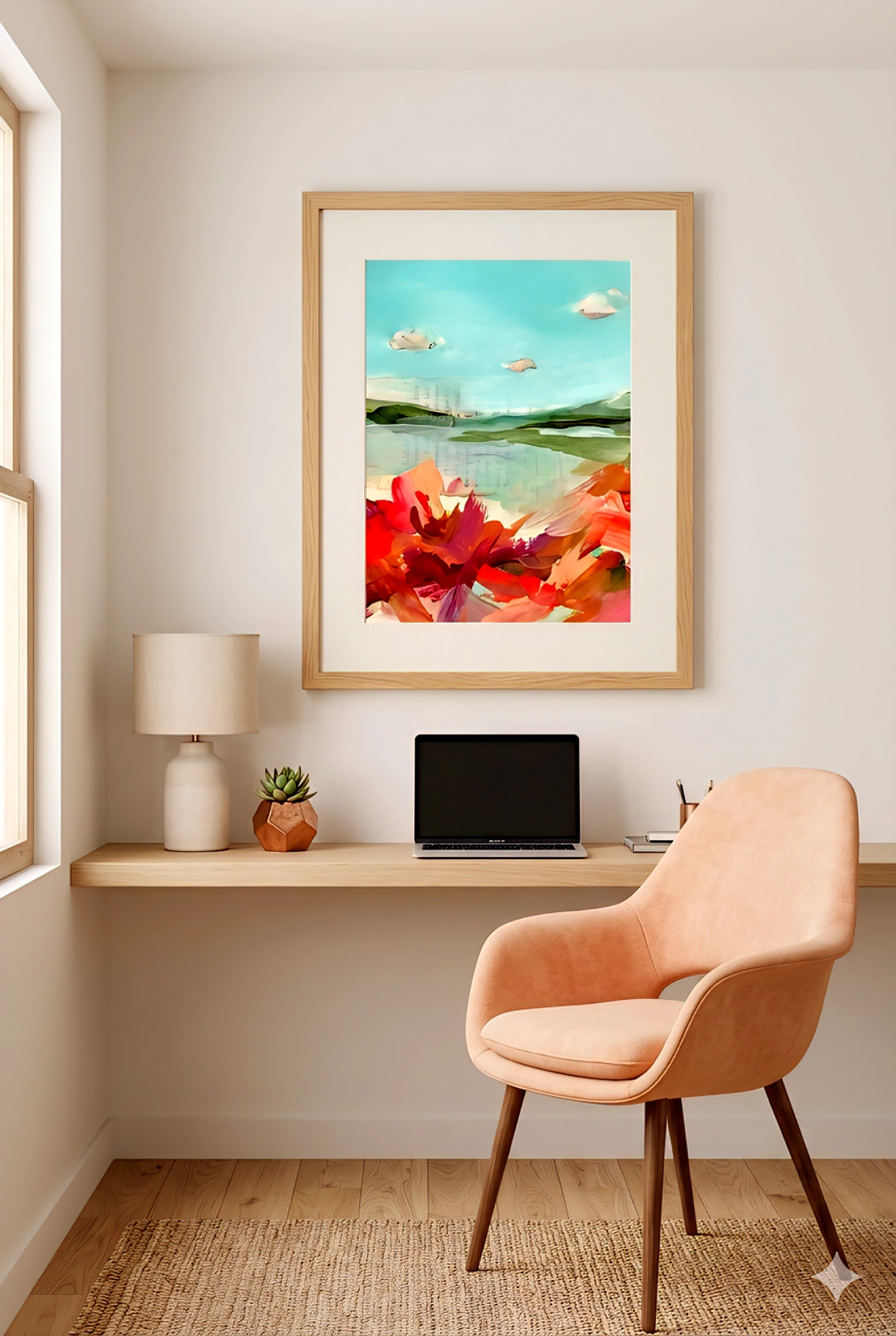 Abstract coastal landscape wall art in light wood frame above desk, aqua and coral modern printable art styled in minimalist home office decor with warm neutral tones
