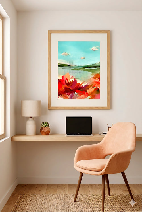 Abstract coastal landscape wall art in light wood frame above desk, aqua and coral modern printable art styled in minimalist home office decor with warm neutral tones