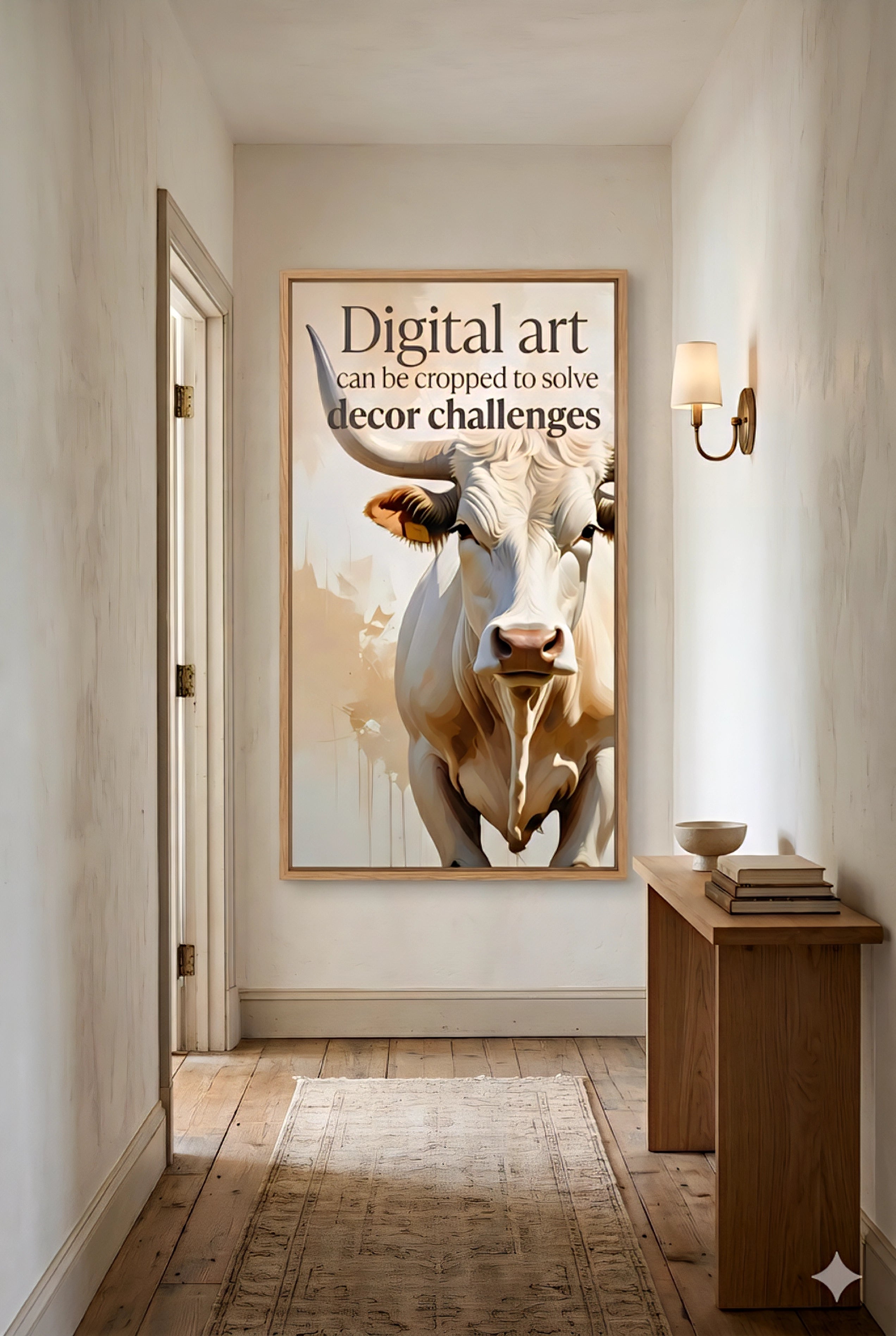 Longhorn bull wall art in narrow hallway with tall vertical frame showing large printable art scaled for small spaces and entryway decor