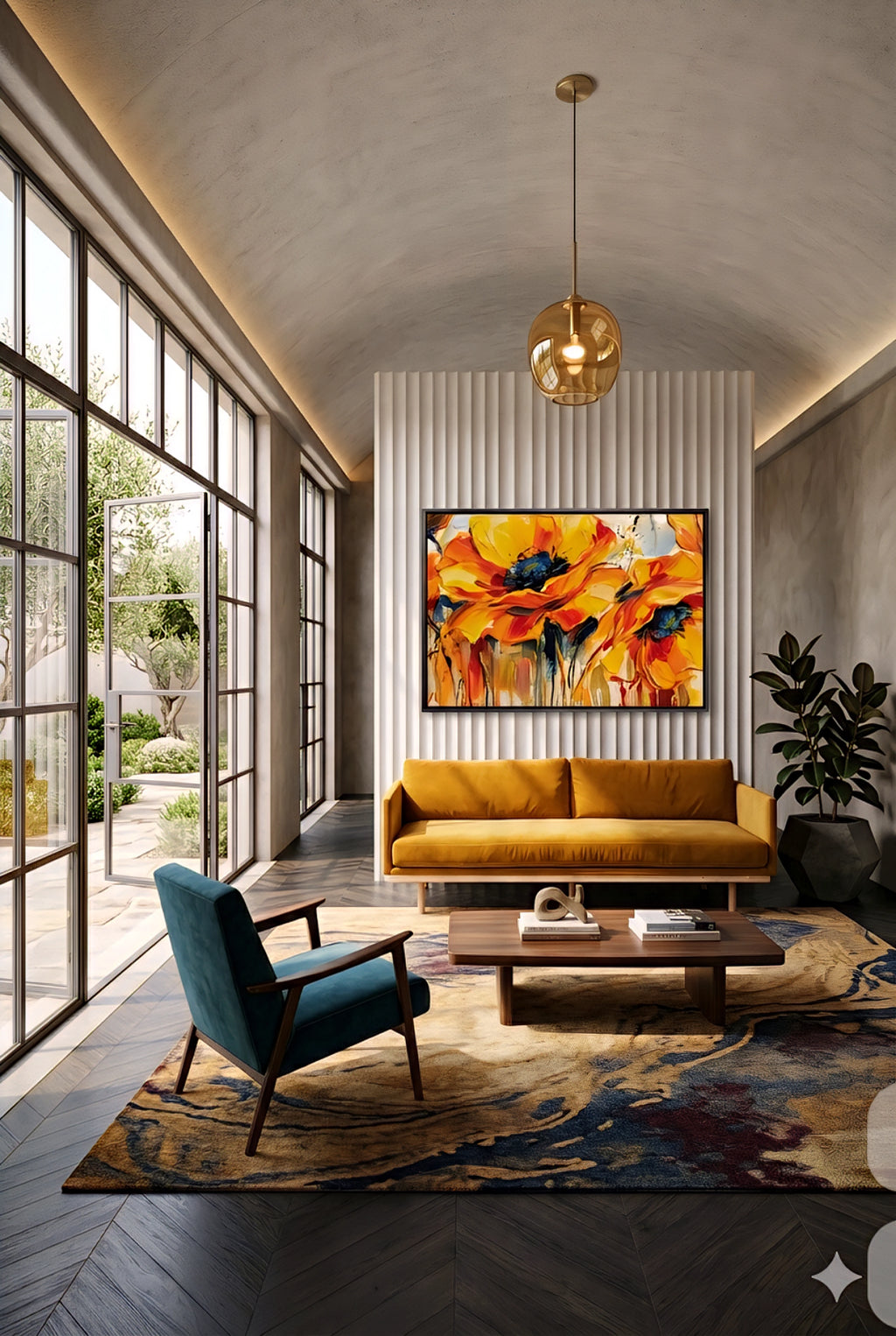 Savvy Places golden yellow abstract floral wall art displayed in a modern living room above a mustard sofa, vibrant flower digital wall art mockup.