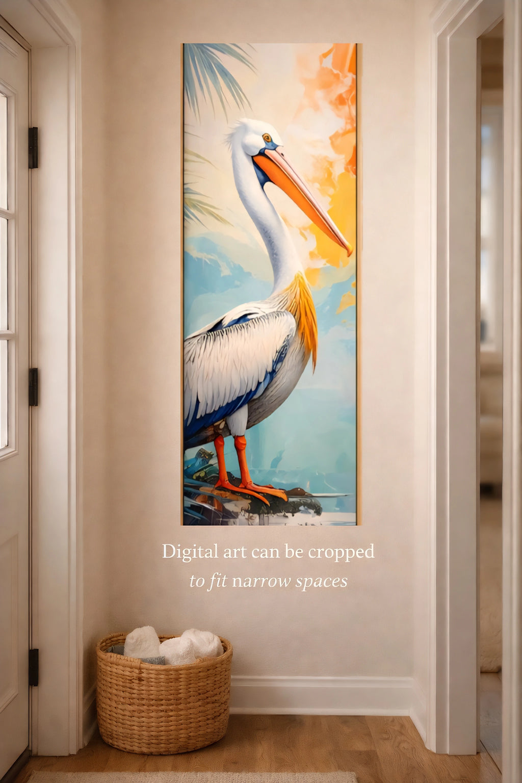 Alt text
Coastal pelican wall art printable tropical bird digital download cropped to fit a narrow hallway wall space.