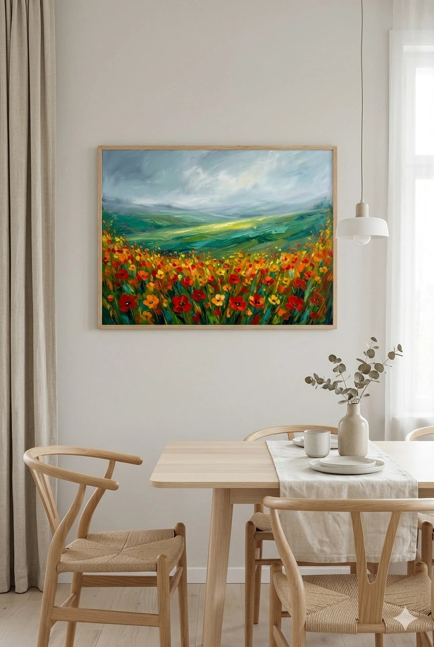 Savvy Places stormy poppy field wall art in light wood dining room, colorful landscape printable decor
