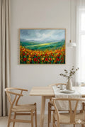Savvy Places stormy poppy field wall art in light wood dining room, colorful landscape printable decor