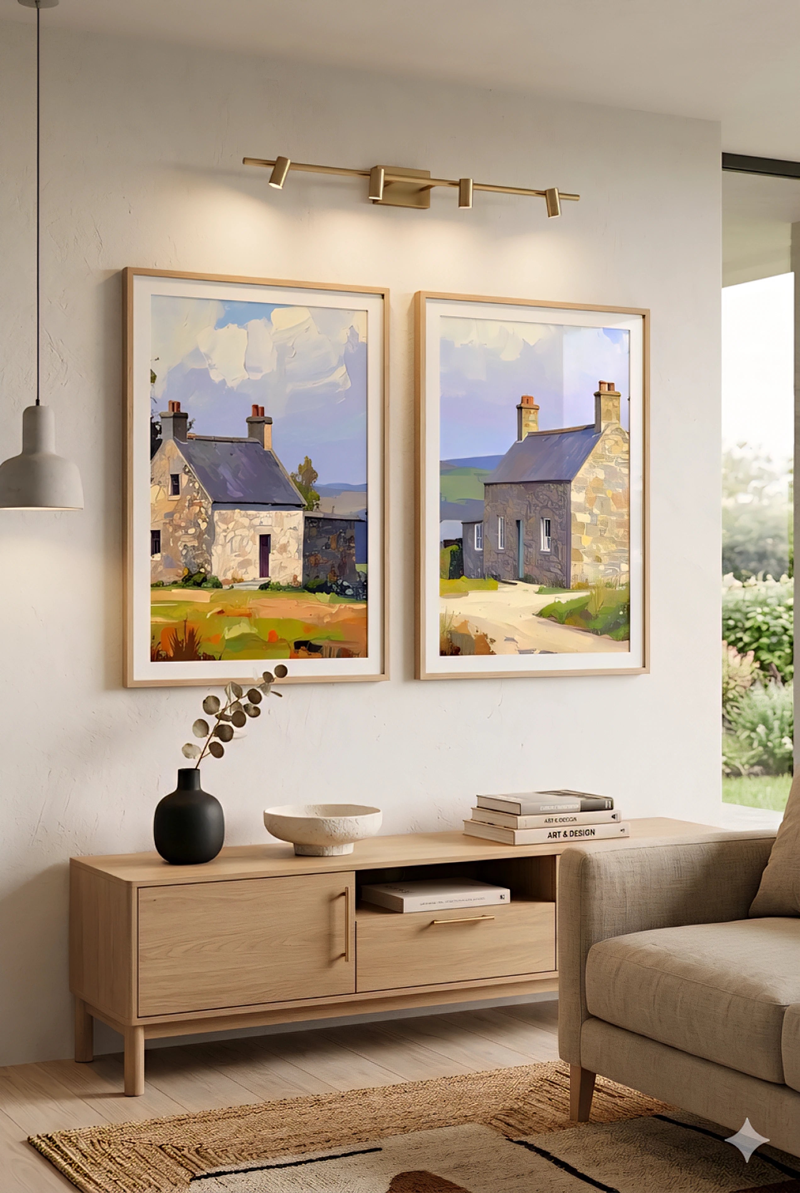 Cottagecore landscape wall art set displayed as vertical crop prints in a modern neutral living room, original horizontal artwork included in full download