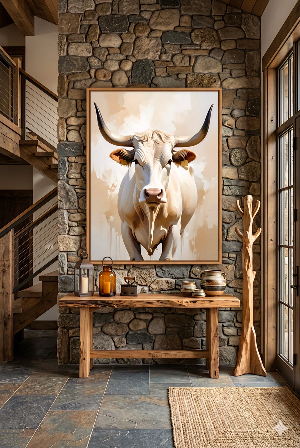 Longhorn bull wall art on stone accent wall above console table in rustic entryway with wood decor and modern farmhouse western styling