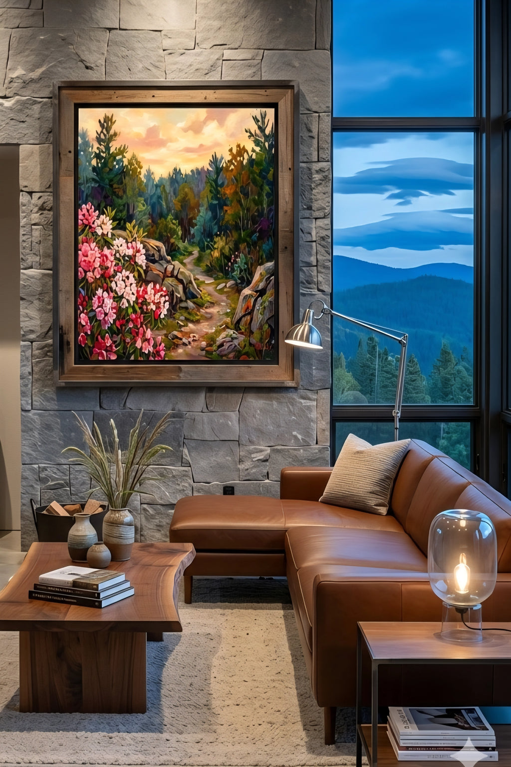 Floral landscape wall art printable in modern living room with stone wall and leather sofa, colorful nature digital download for large statement decor