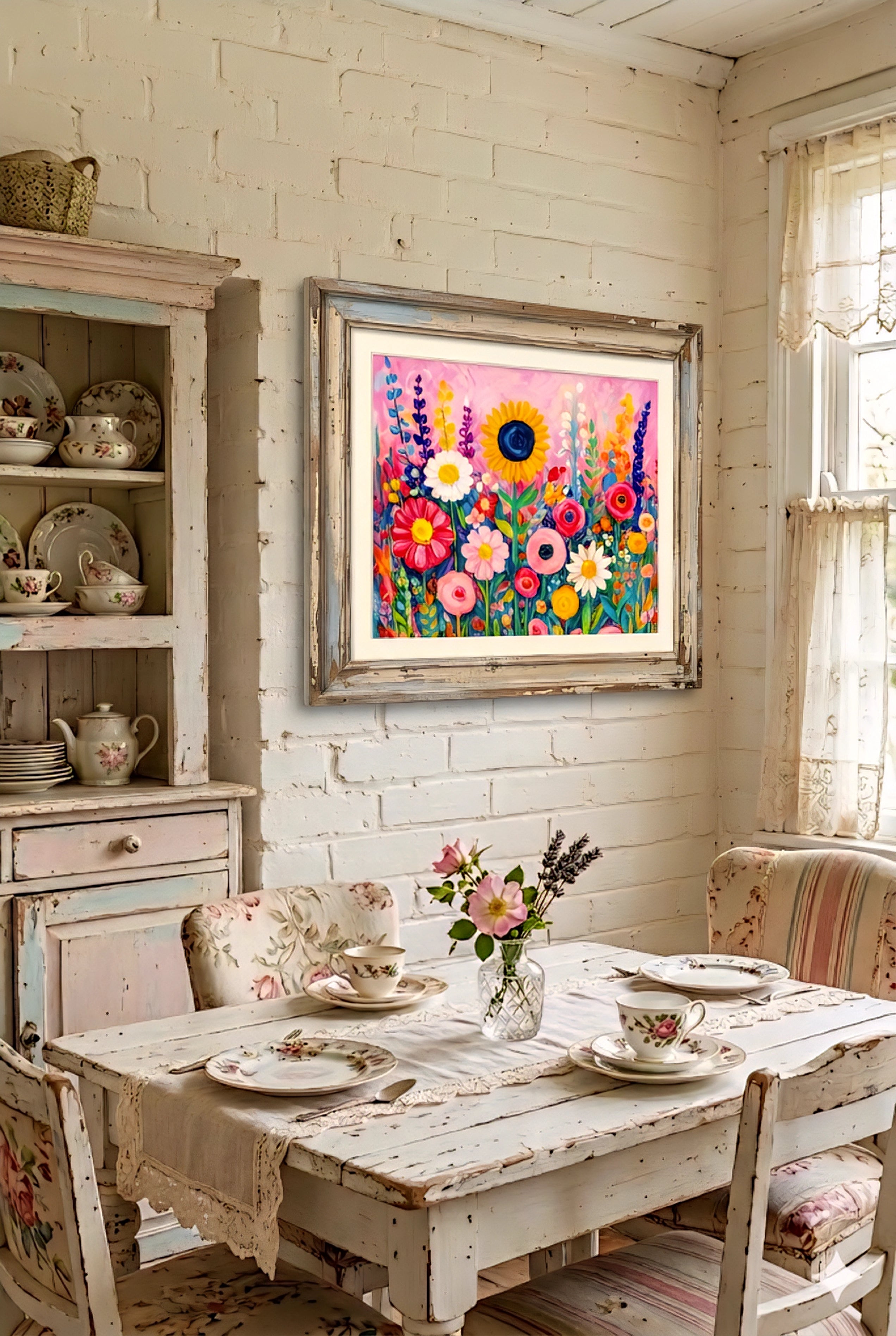 Colorful floral wall art printable in distressed wood frame, featuring vibrant wildflowers and sunflower on pink abstract background in cozy cottage dining room
