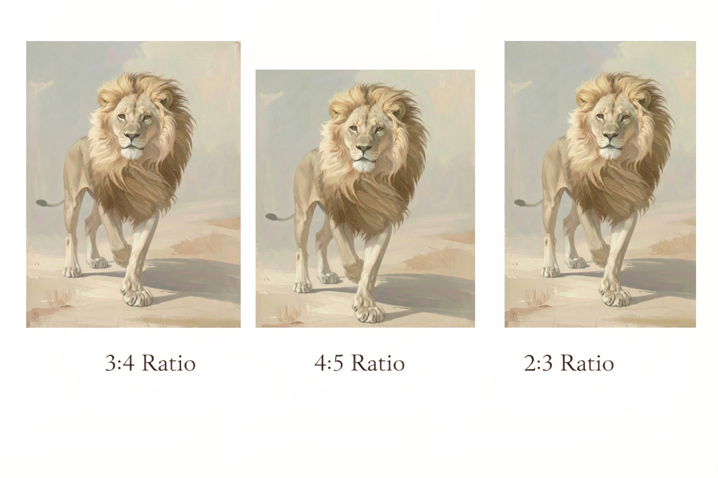 Three lion illustrations with different aspect ratios for digital download print 