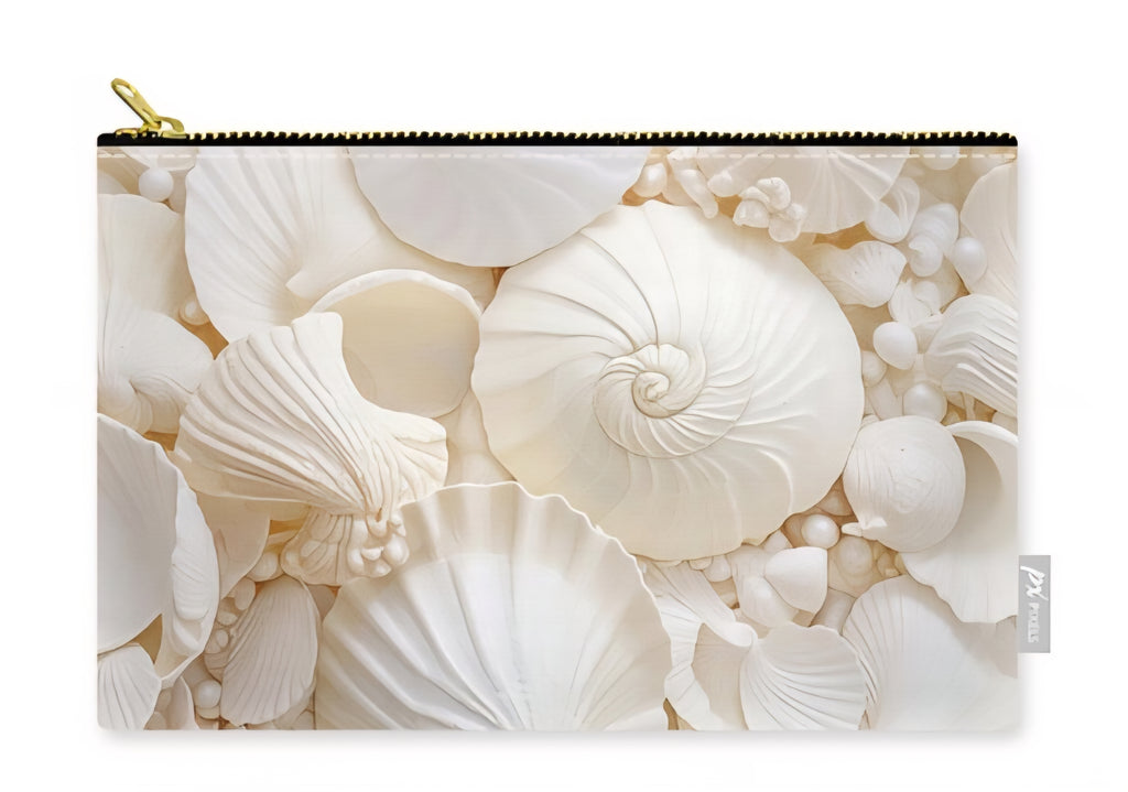 Neutral seashell pattern pouch, minimalist coastal aesthetic, soft ivory shell texture, beach-inspired accessory, elegant monochrome ocean design, chic travel makeup bag.