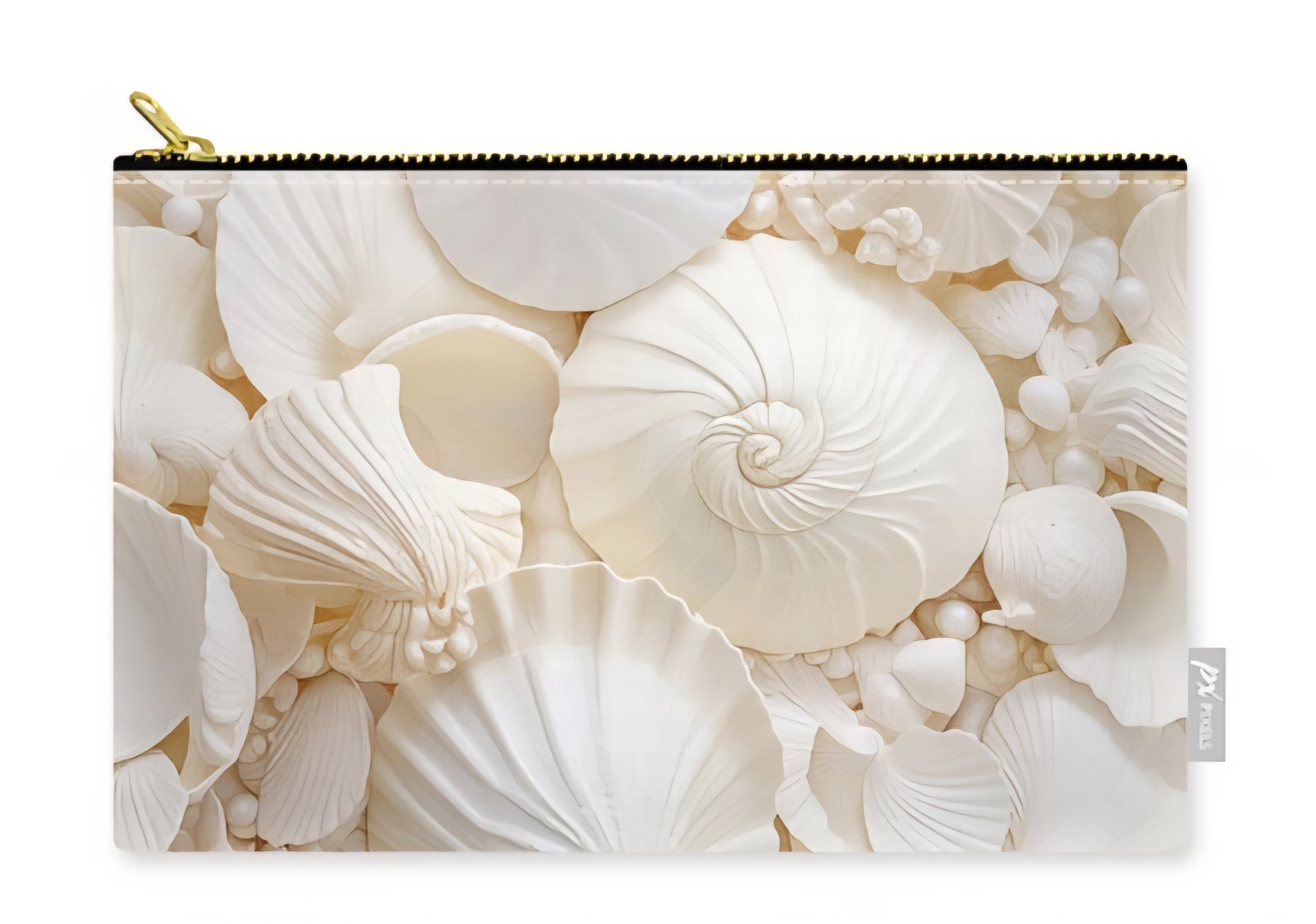 Neutral seashell pattern pouch, minimalist coastal aesthetic, soft ivory shell texture, beach-inspired accessory, elegant monochrome ocean design, chic travel makeup bag.