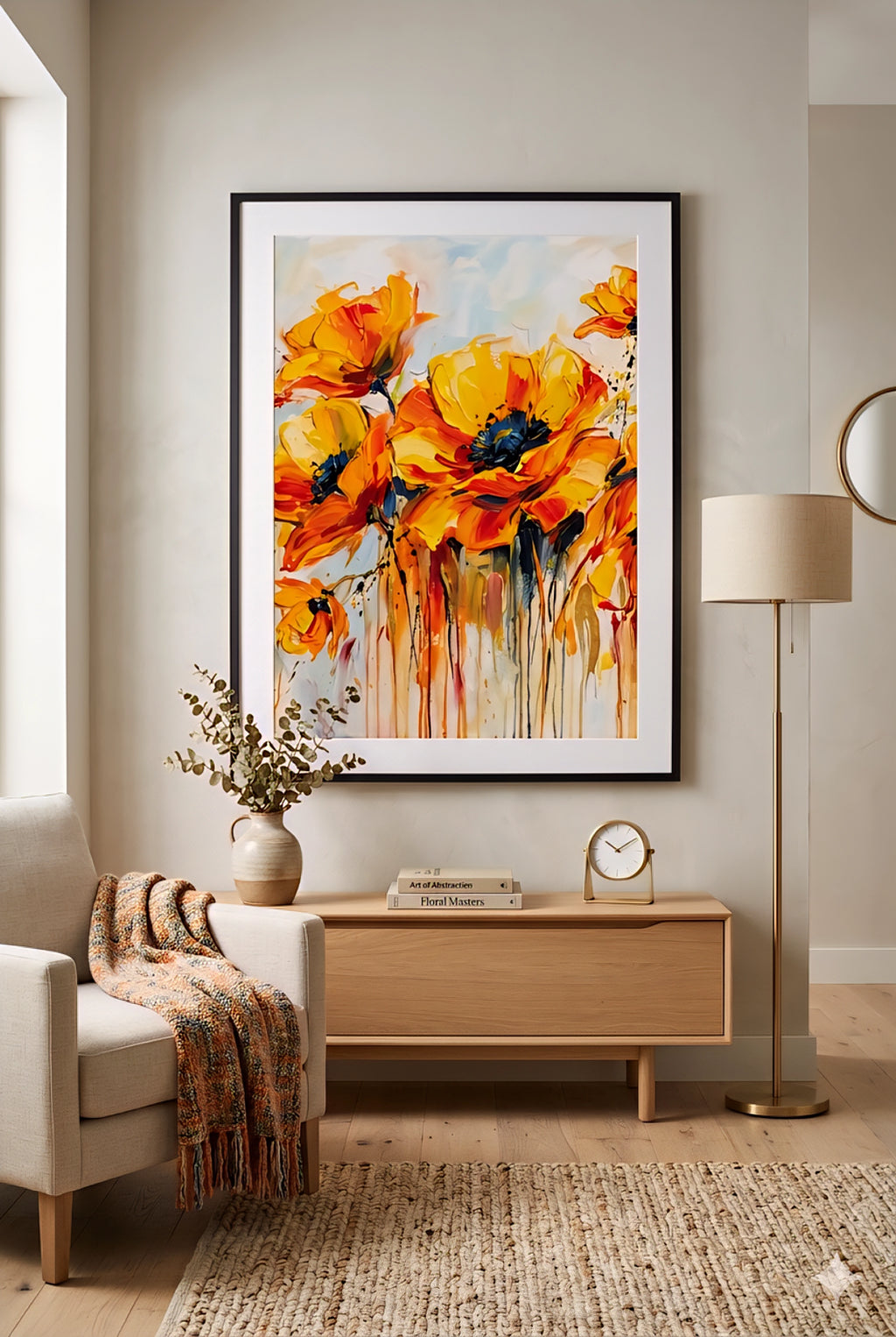 Golden yellow abstract floral wall art displayed in a modern living room setting, bold flower artwork digital print mockup.