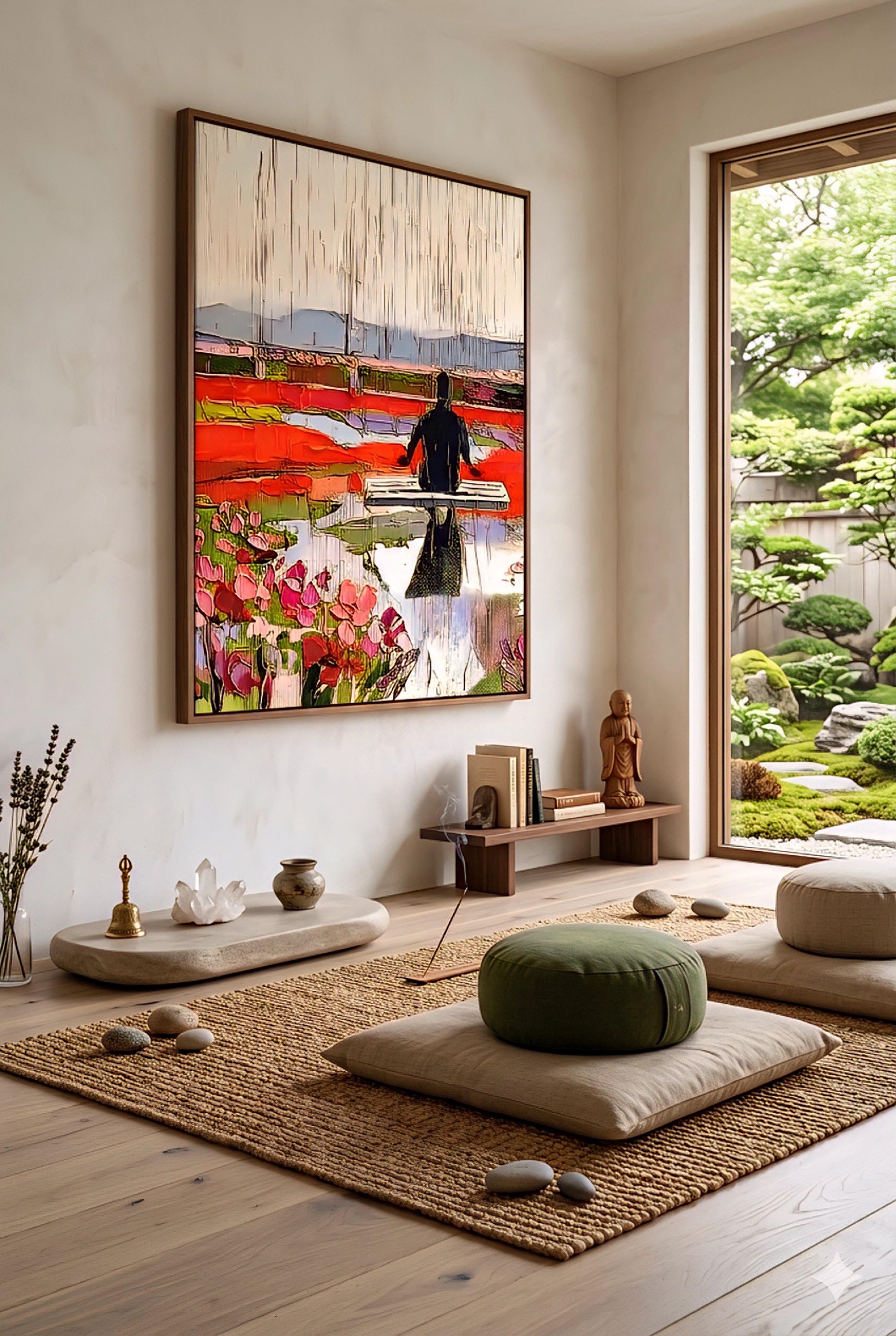 Colorful savvy places abstract tulip field digital art print displayed in a serene Japanese-inspired interior, featuring a figure sitting on a dock at sunset with expressive textured brushstrokes and modern black frame