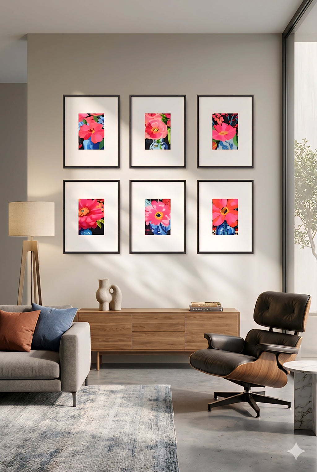 Modern living room gallery wall featuring six pink pop art flower prints in black frames arranged in a grid above a wood console, styled with neutral furniture and natural light