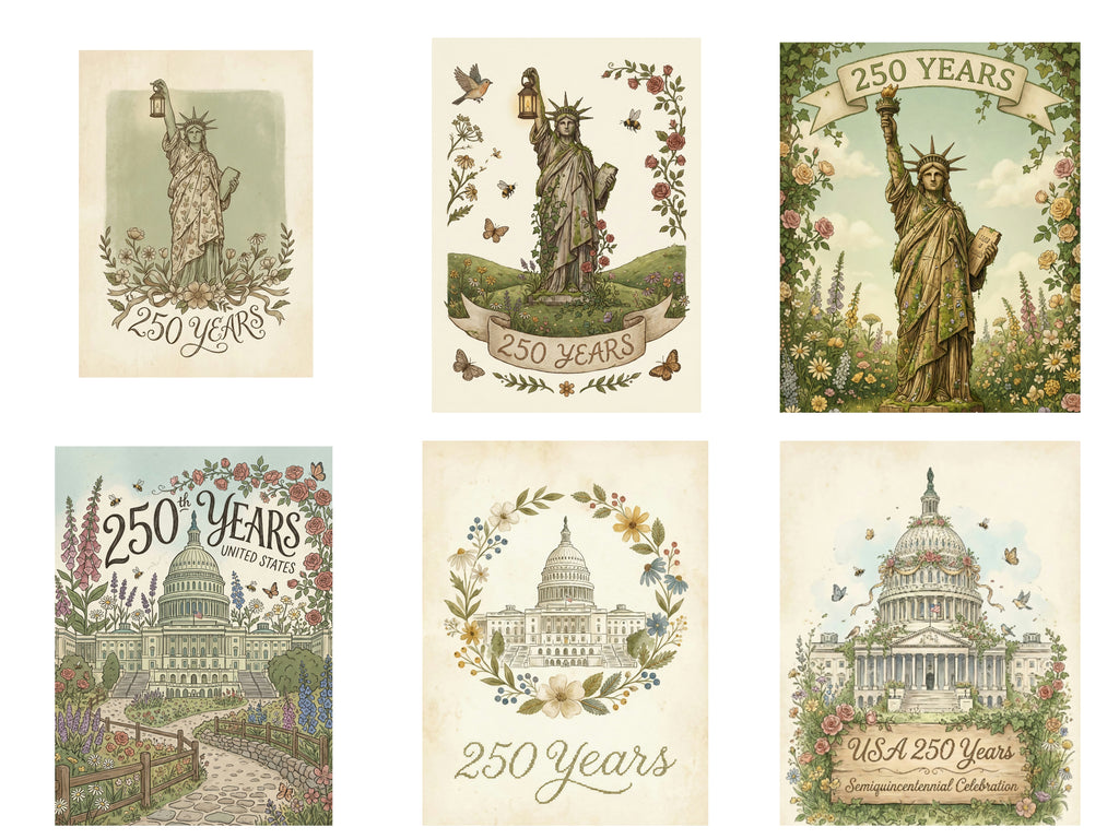 Set of six cards featuring illustrations of the Statue of Liberty and the U.S. Capitol building with '250 Years' text.