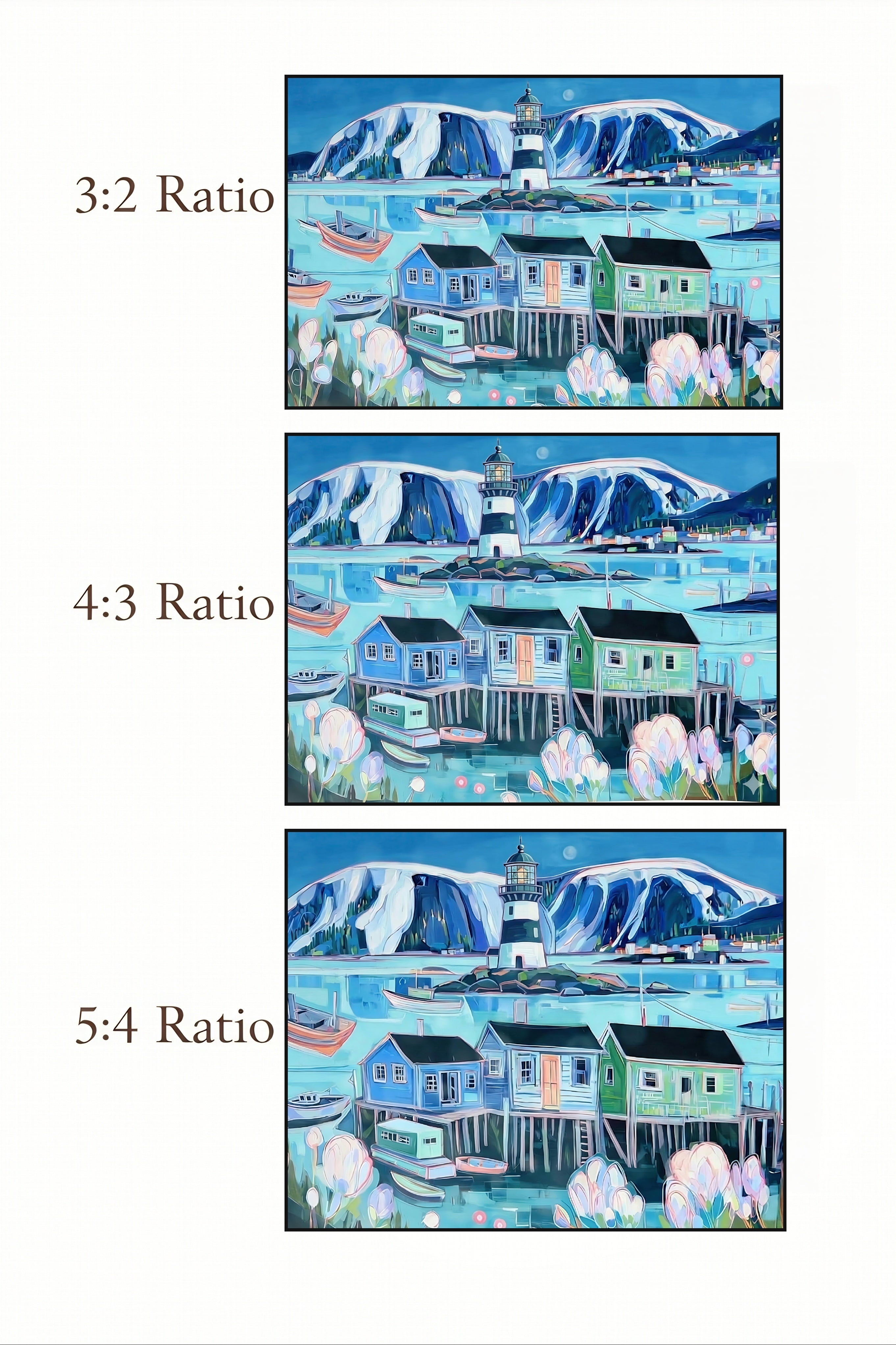 Three different aspect ratio designs of a coastal scene with houses and a lighthouse.