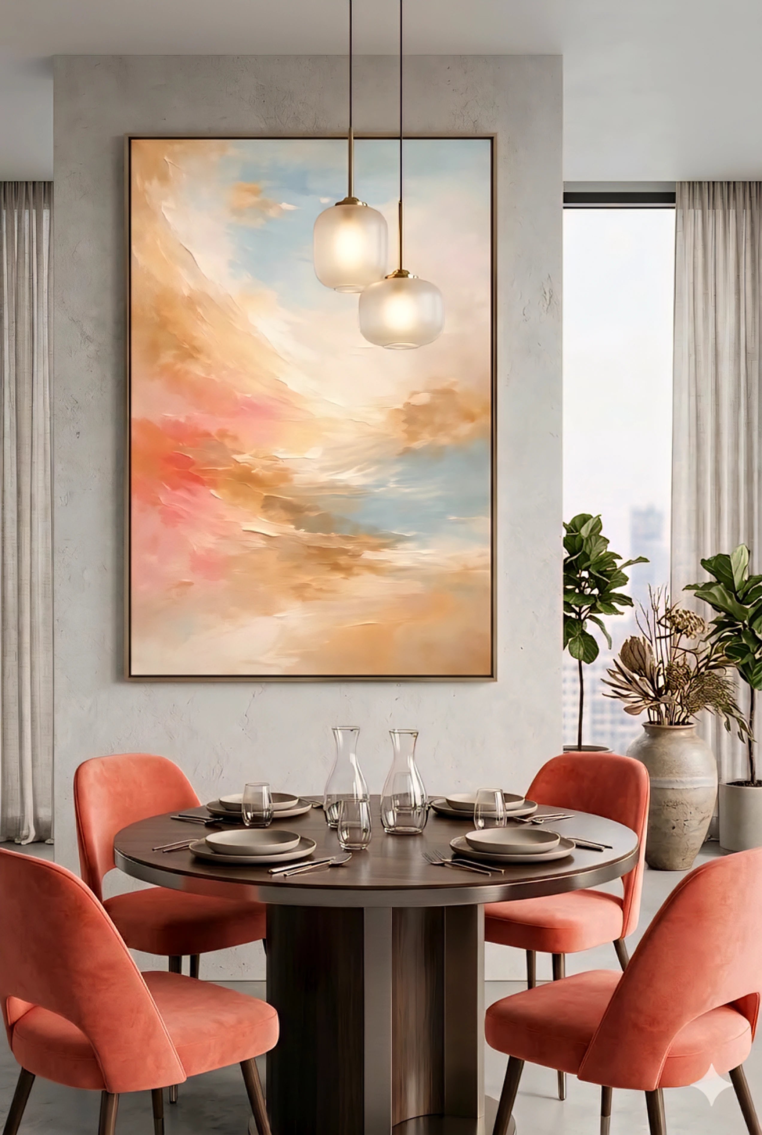 Dining room with a round table, coral chairs, and a large abstract downloadable painting on the wall.