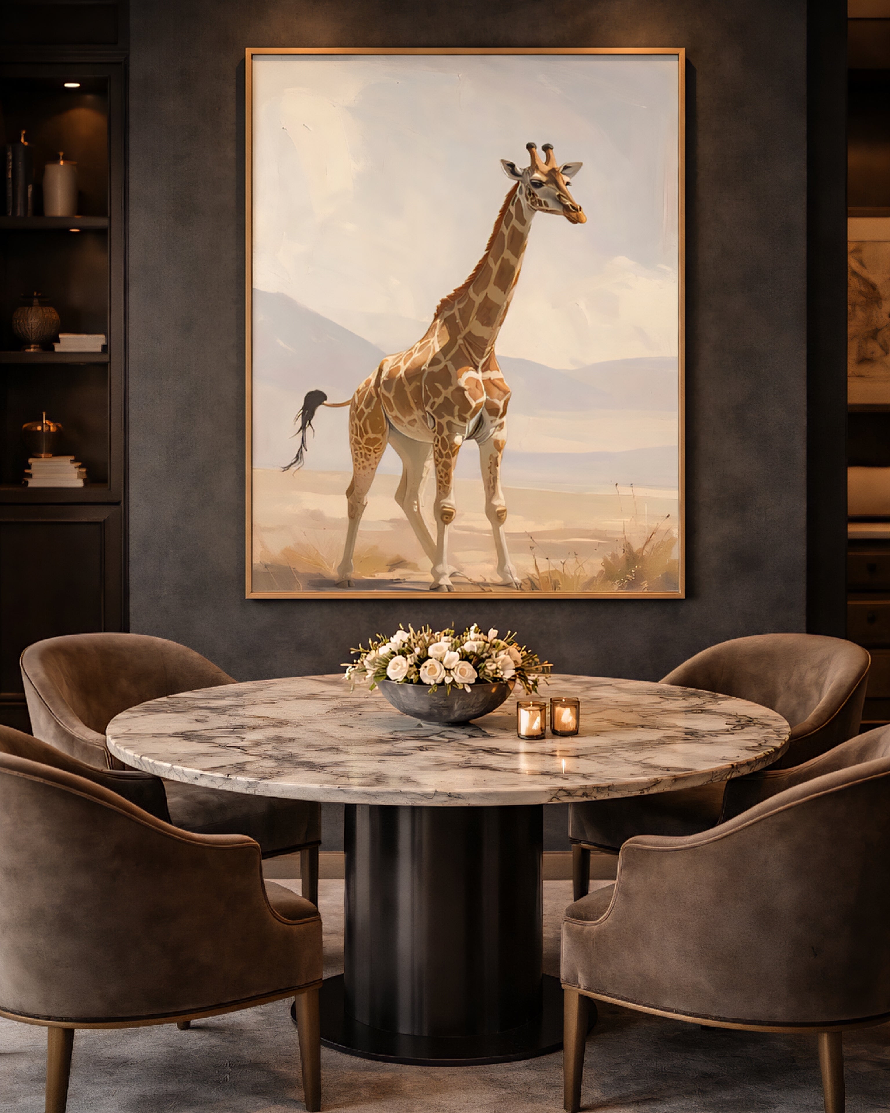 Neutral giraffe wall art printable displayed in modern minimalist dining room, safari animal digital download wall decor.