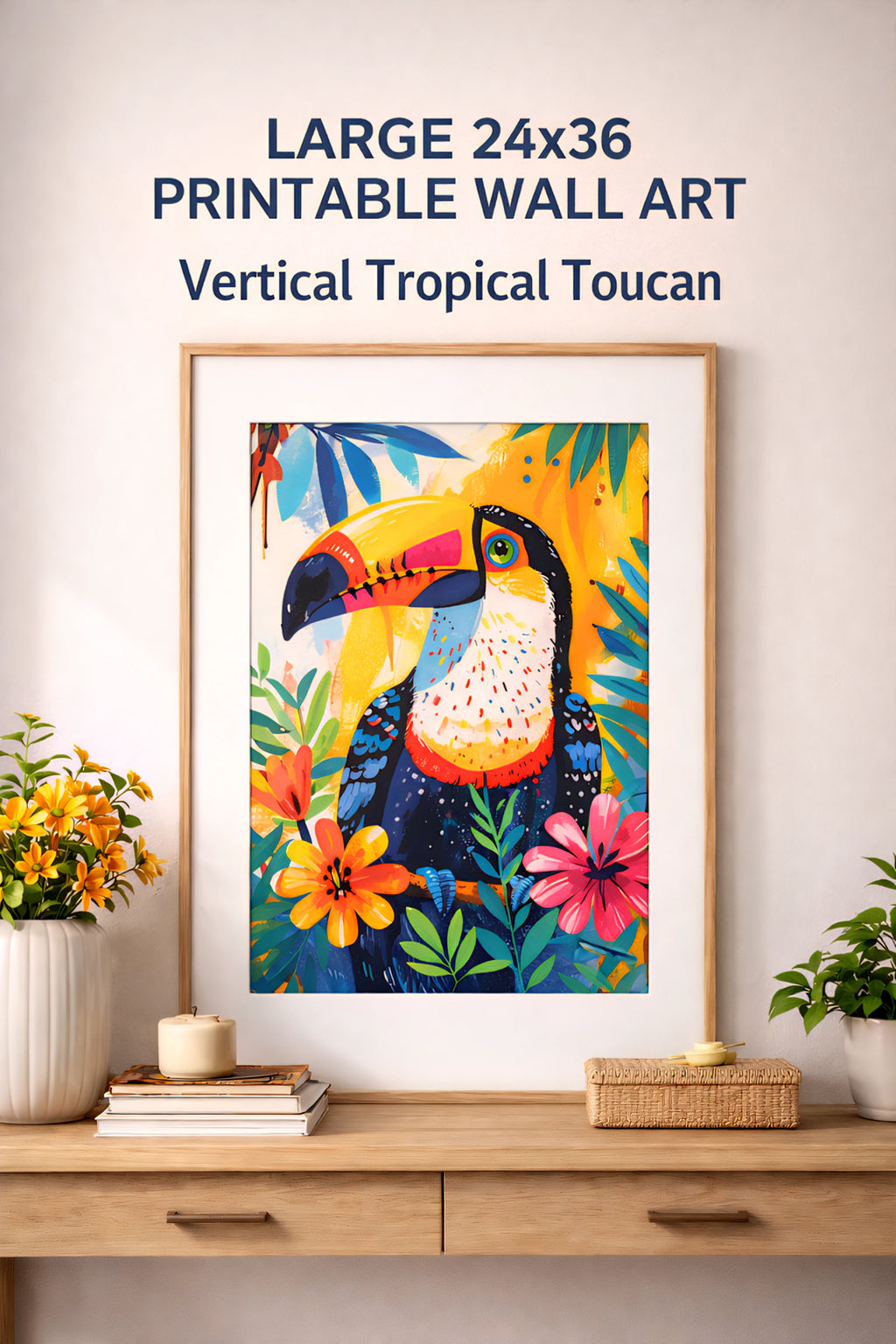 colorful tropical toucan digital print on a wall above a wooden shelf.