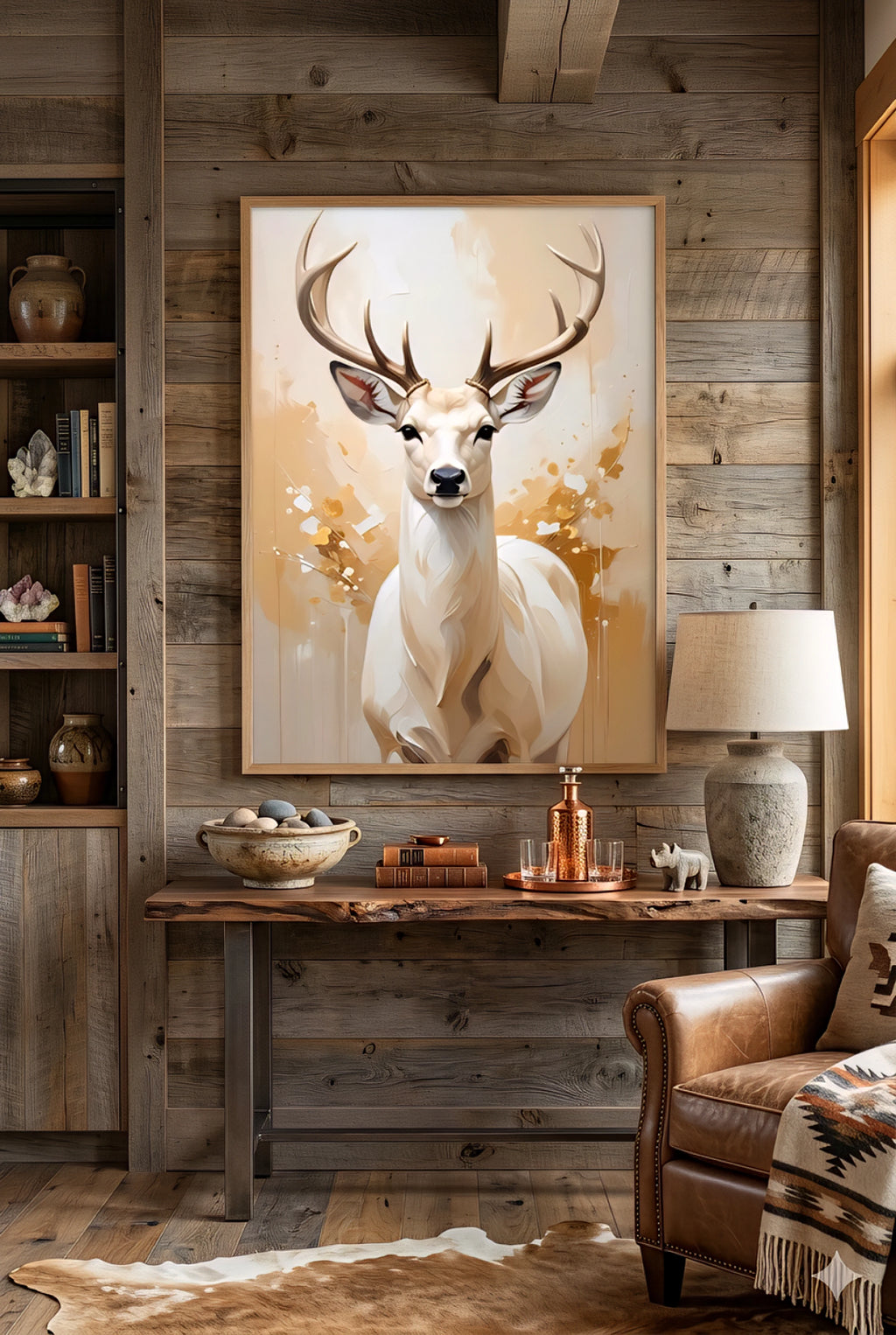 Modern  deer wall art above console table in mountain modern cabin living room, wildlife artwork, wood wall, leather chair, cozy lodge decor, modern rustic styling