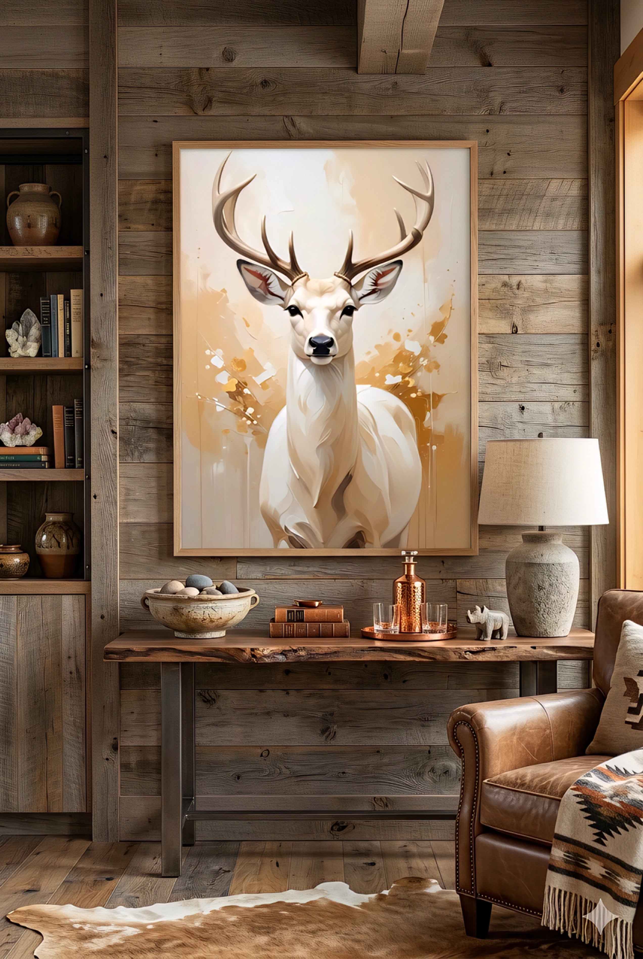 Modern  deer wall art above console table in mountain modern cabin living room, wildlife artwork, wood wall, leather chair, cozy lodge decor, modern rustic styling
