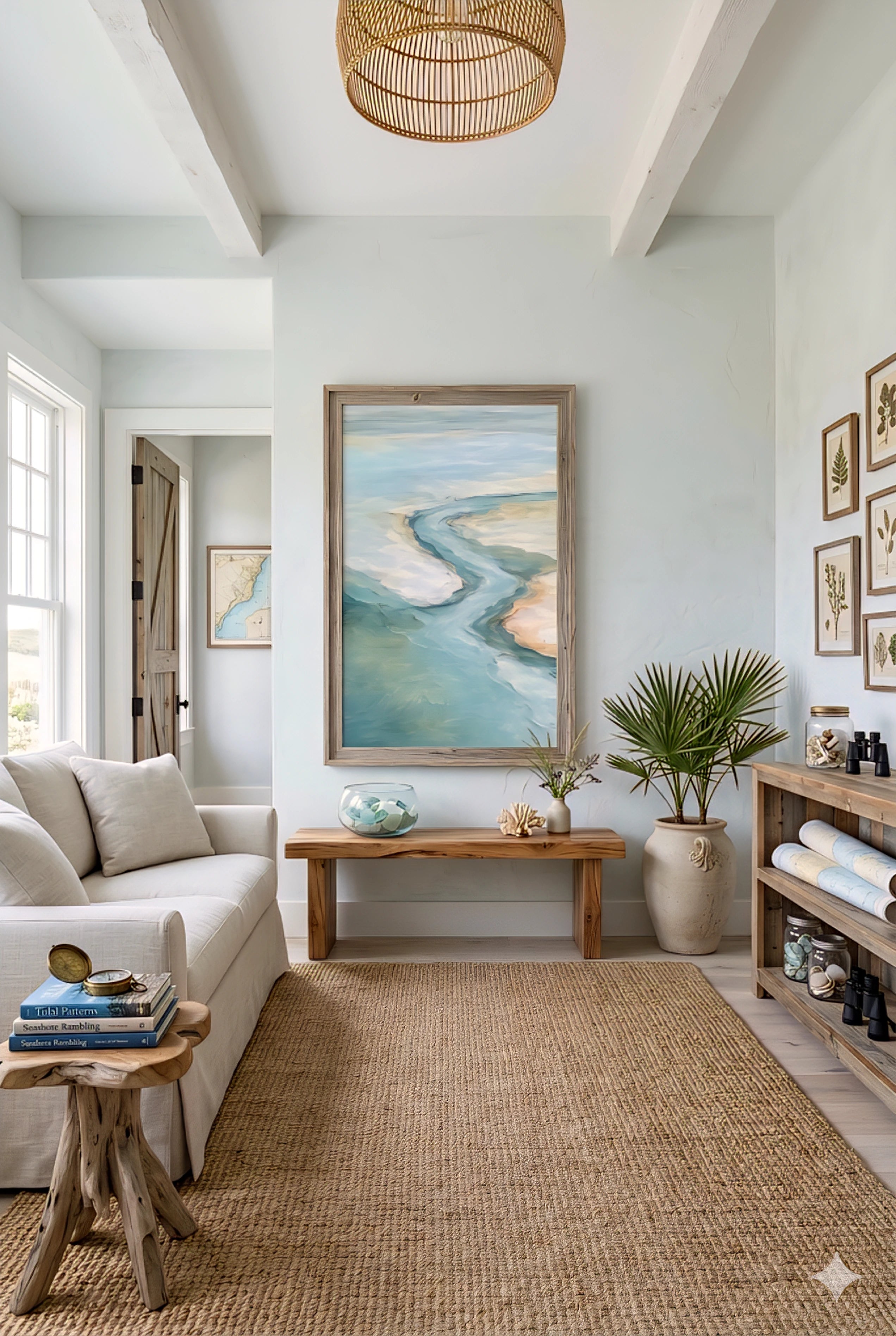Coastal entryway with ocean artwork above wooden bench, neutral decor, woven rug and beach inspired styling