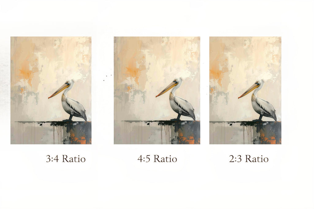 Three different aspect ratio designs of a pelican painting.