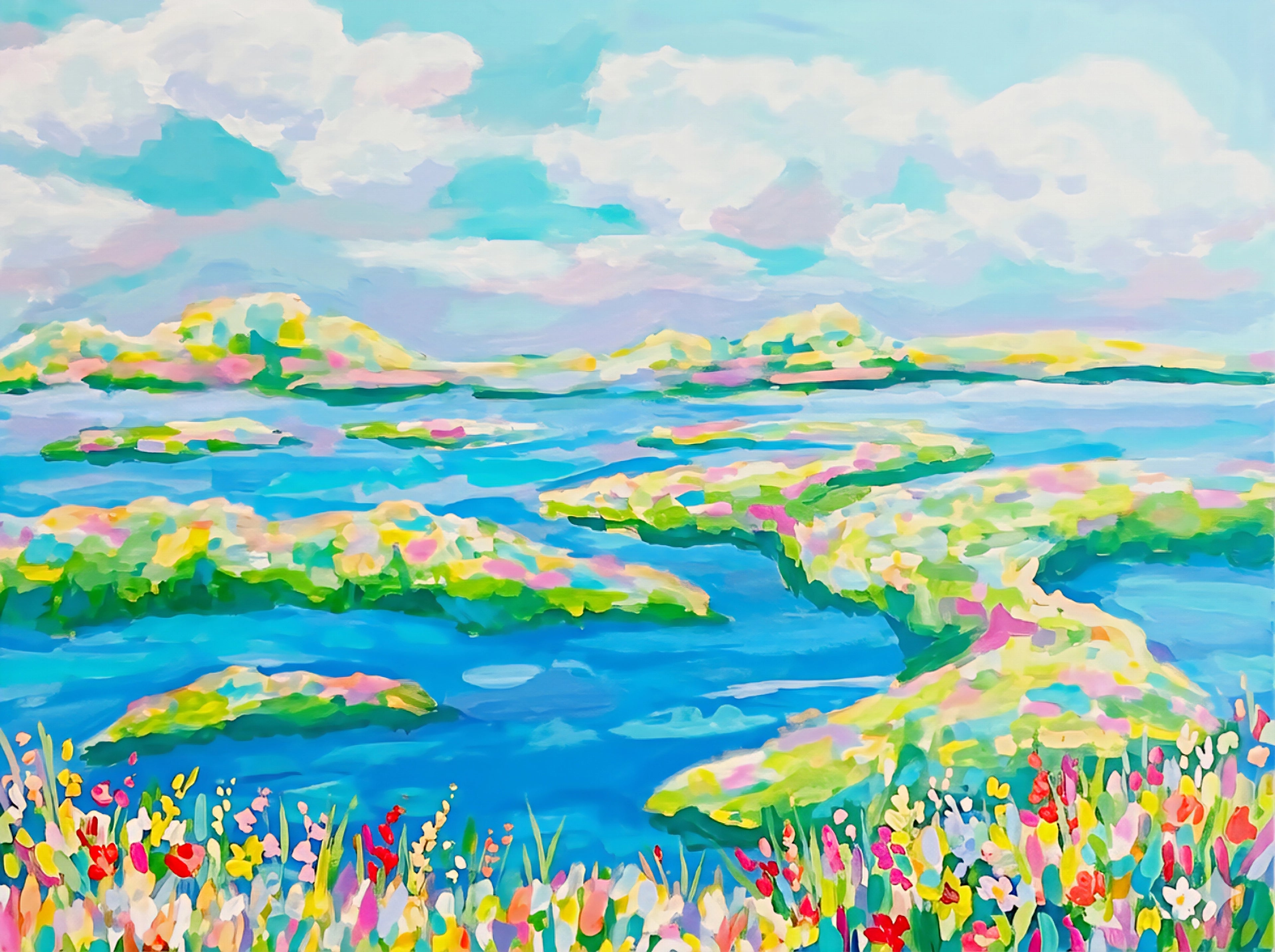 coastal marsh abstract landscape printable with blue water and colorful shoreline florals, beach house wall art for gallery wall set digital download