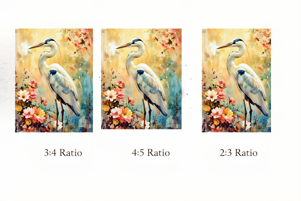 Three paintings of a heron with floral background, labeled 3:4, 4:5, and 2:3 ratios.