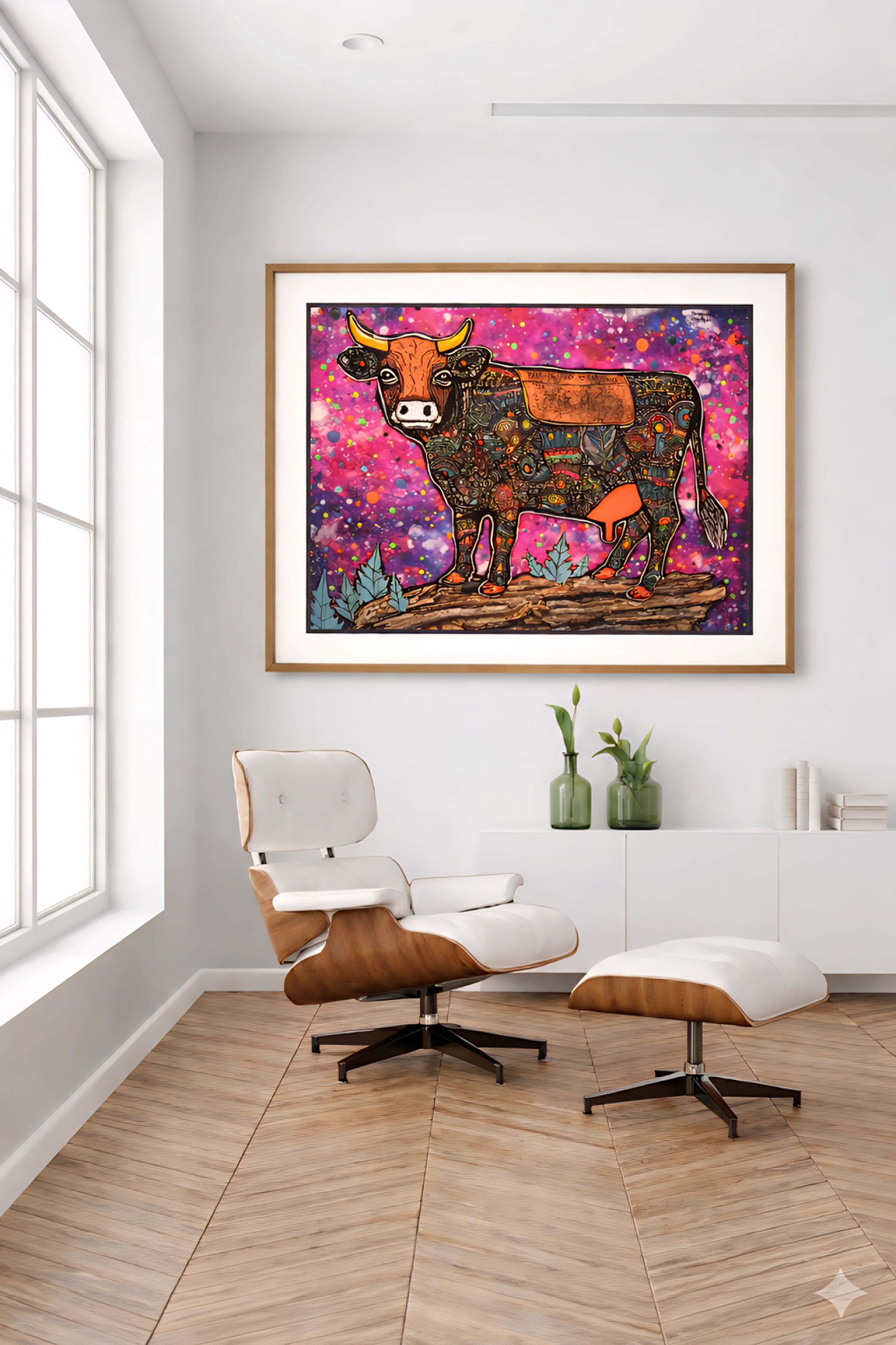 Colorful cow wall art large statement print in modern living room bold maximalist animal artwork framed contemporary home decor
