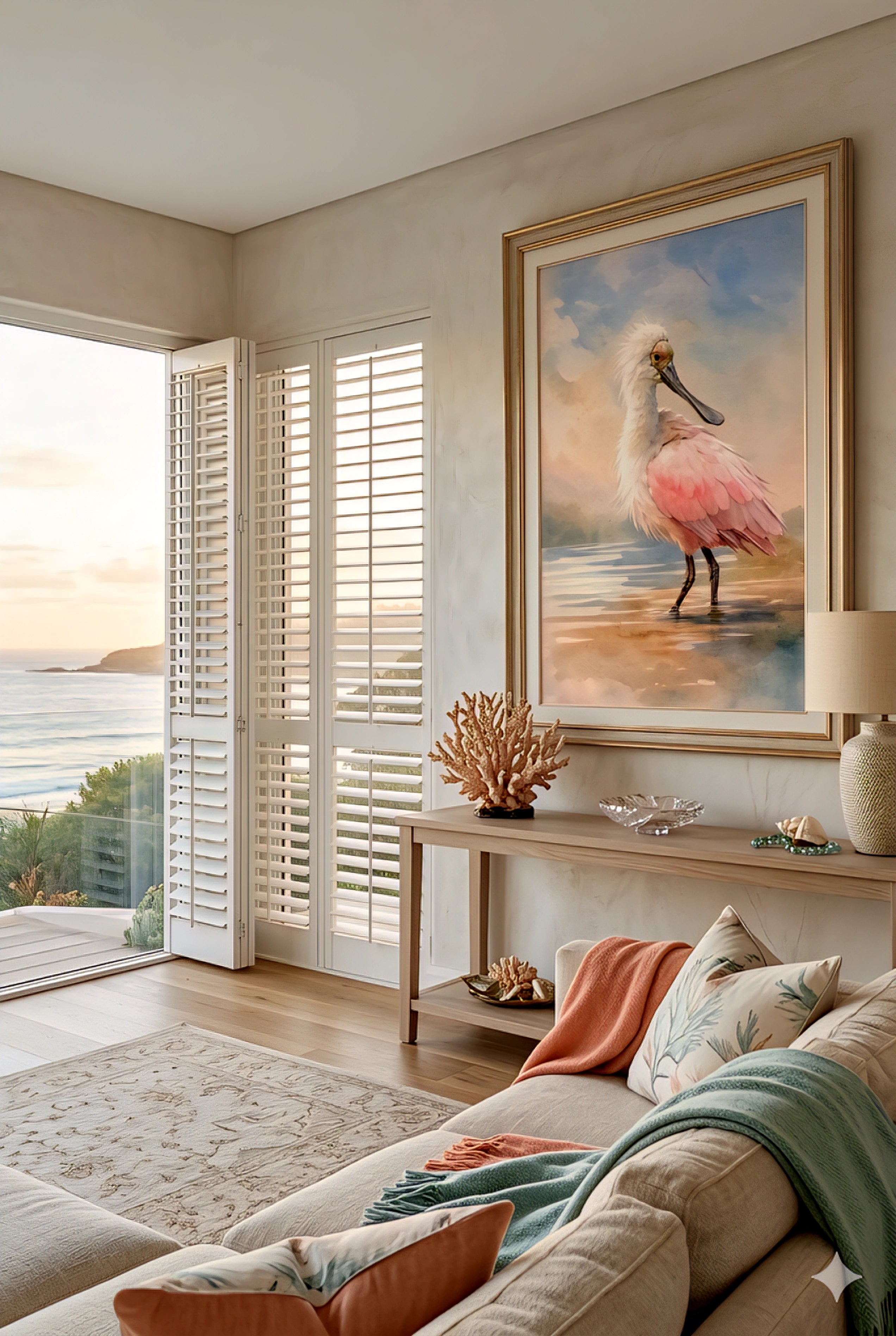 Living room with a pink spoonbill painting on the wall, made from digital download. 