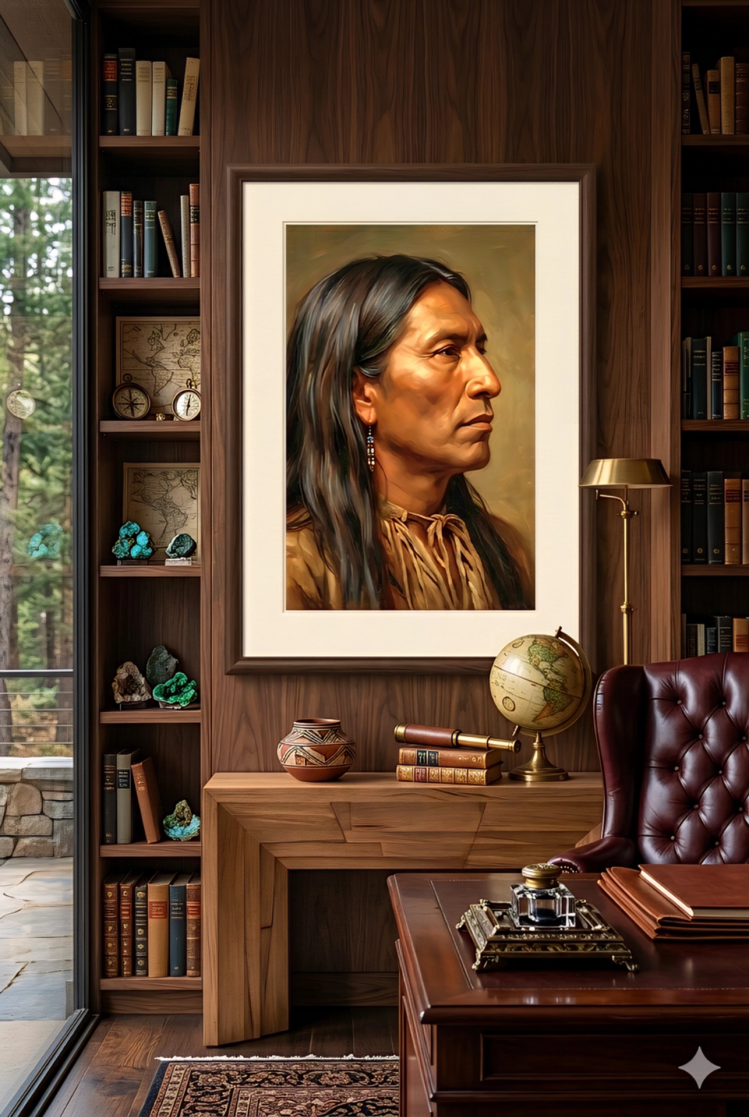Framed Native American portrait wall art displayed in a sophisticated wood-paneled office with bookshelves, leather chair, and warm ambient lighting