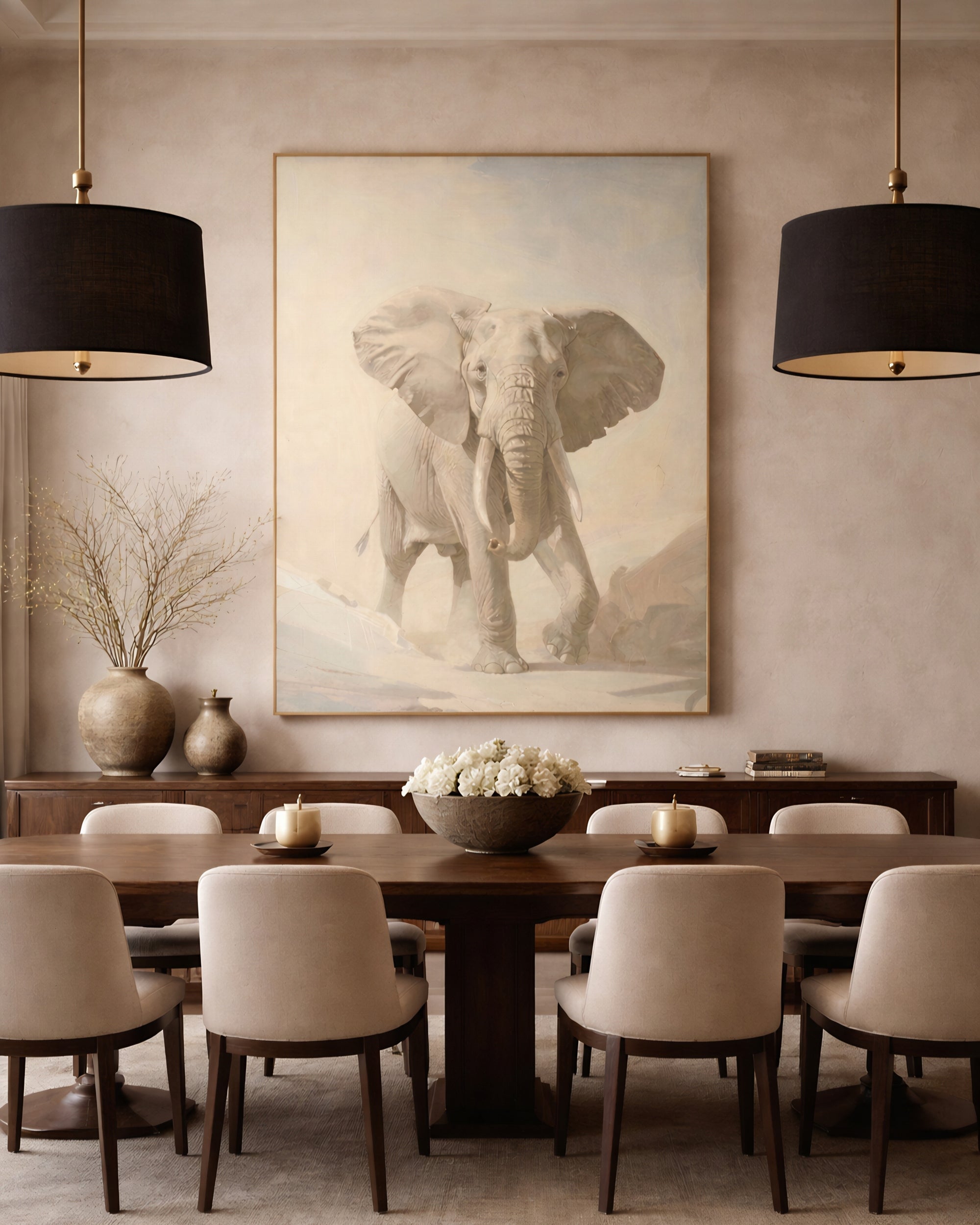 Printable neutral elephant wall art digital download displayed in modern dining room above table, large wildlife printable wall art neutral decor digital download