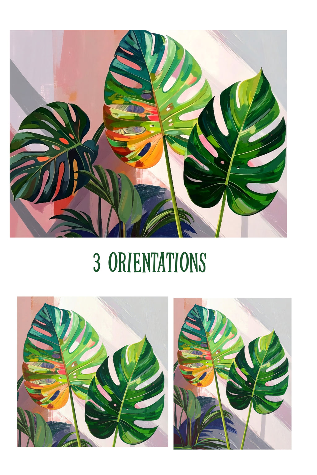 Tropical leaf design with three orientations on a colorful background
