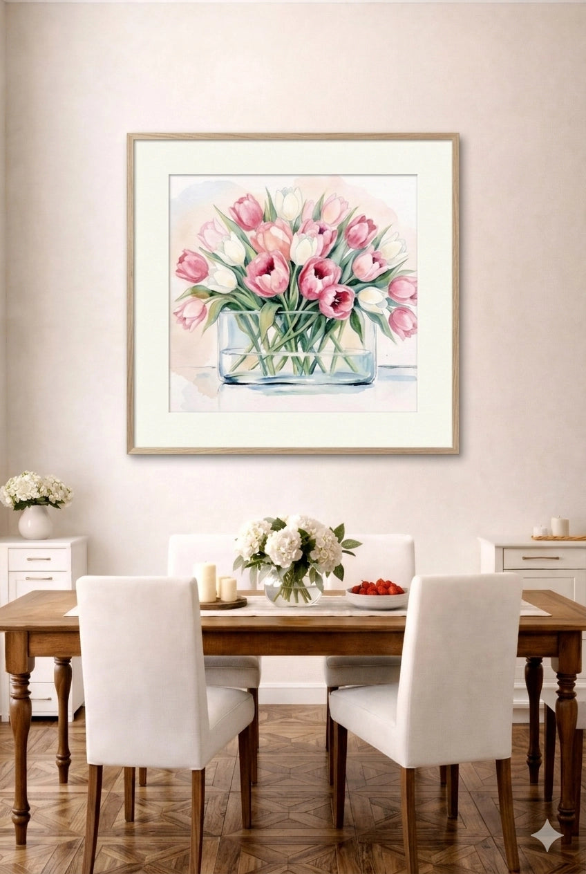 Pink tulip watercolor wall art  framed above dining table in neutral dining room with soft elegant decor