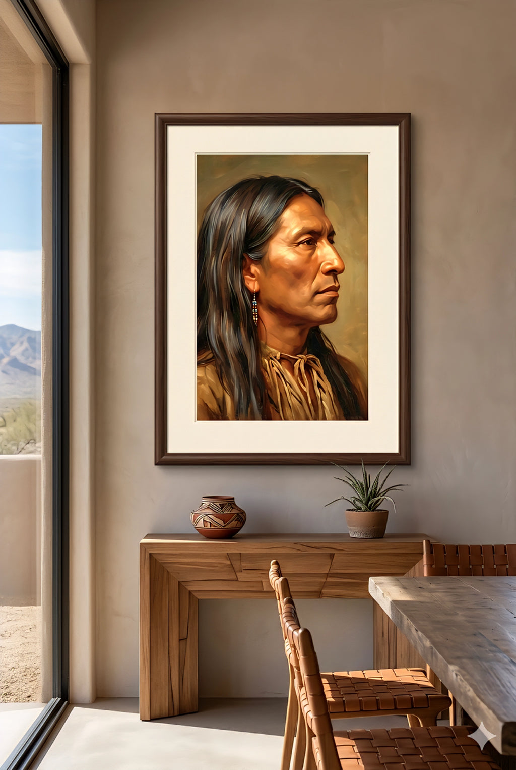 Framed Native American portrait wall art displayed in a modern dining space with warm neutral tones, wood furniture, and natural light from a large window