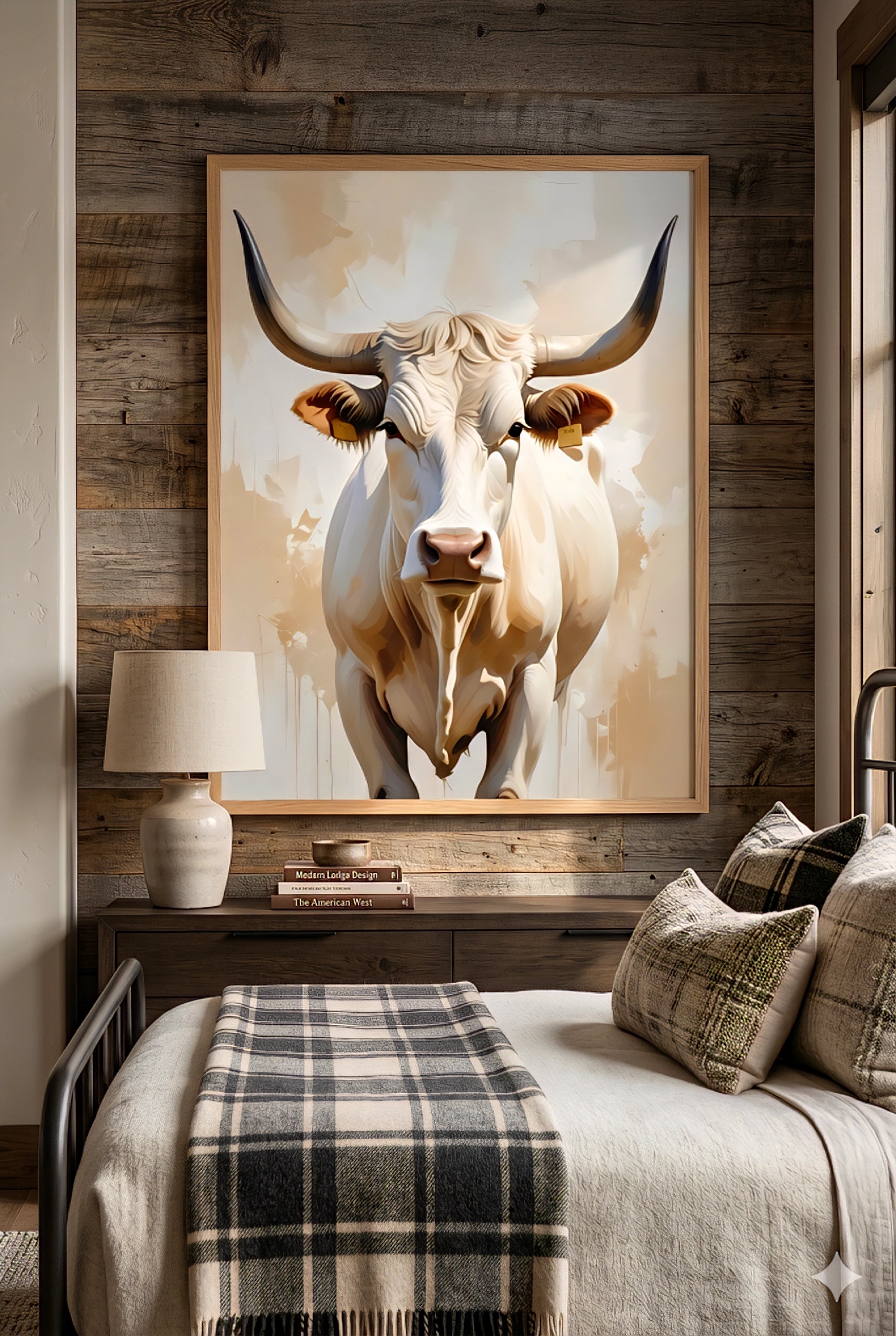 Longhorn steer wall art above bed in cozy rustic bedroom with wood plank walls, plaid bedding, and modern farmhouse western decor