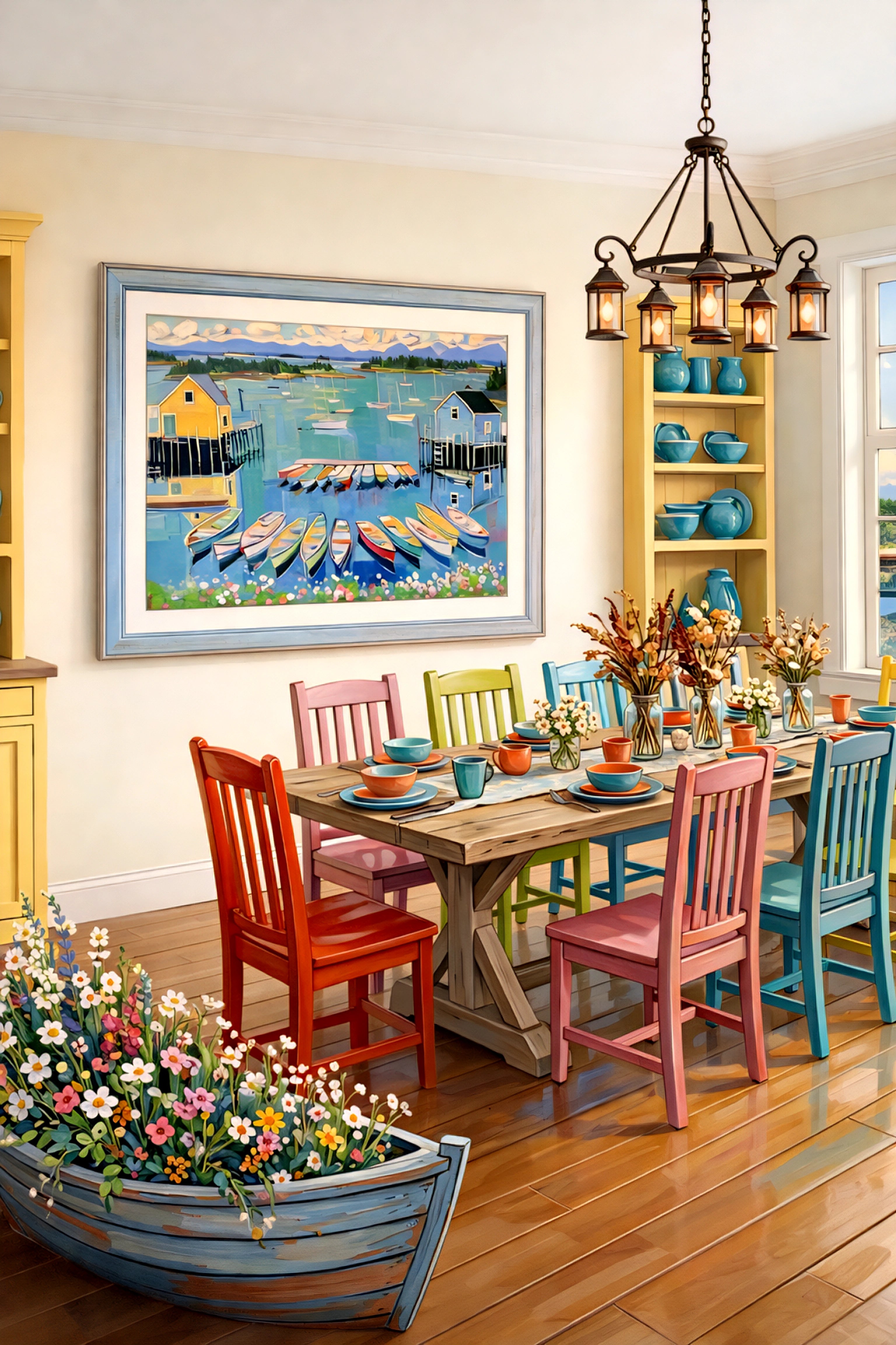 Coastal harbor printable wall art digital download in colorful dining room with painted chairs and beach house decor
