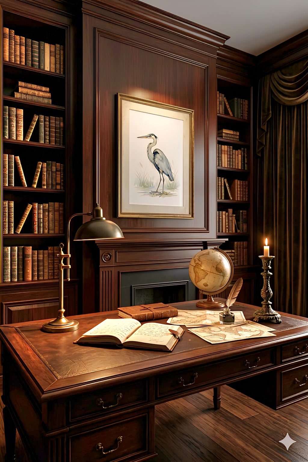 Neutral digital heron wall art in dark wood library office