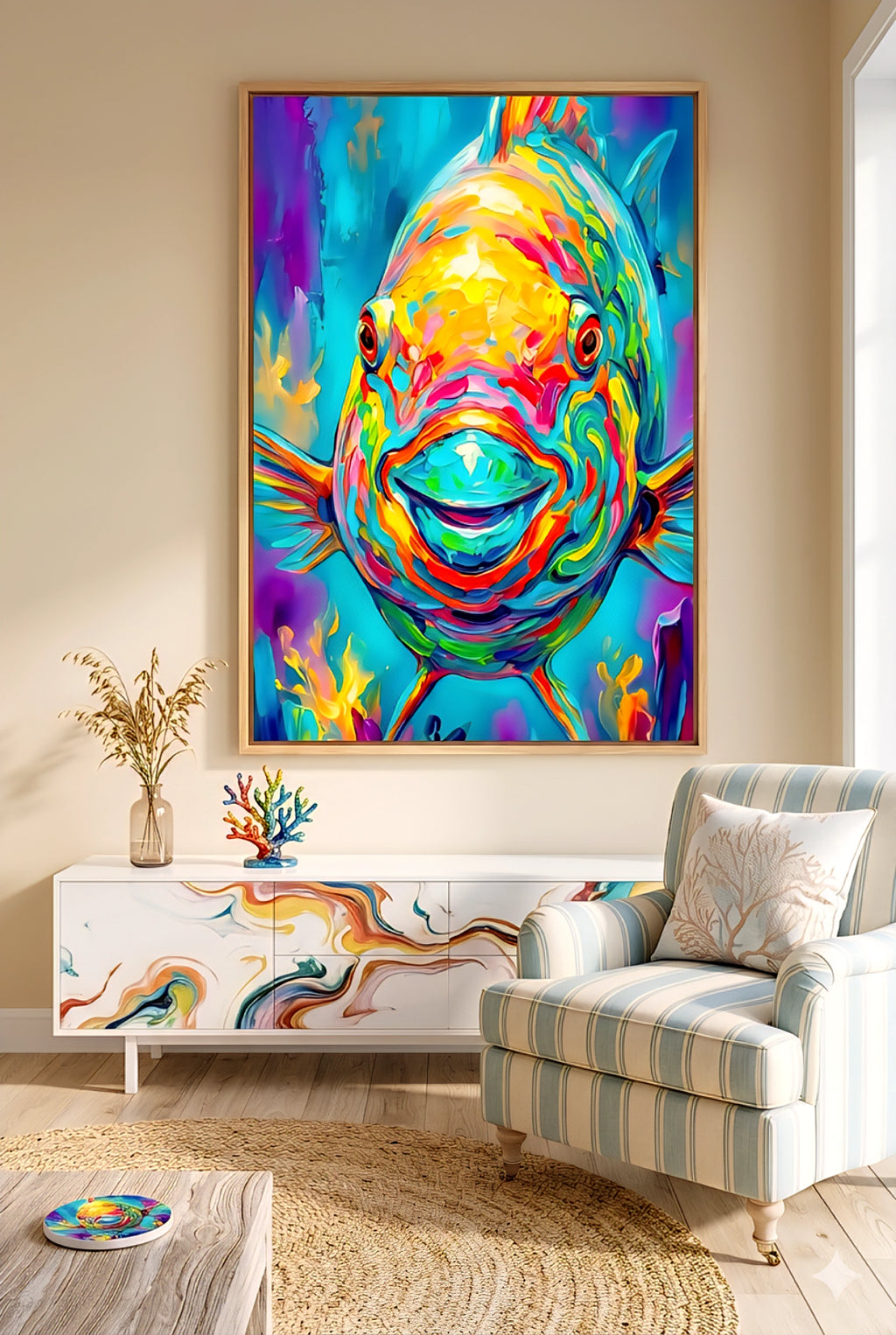 Colorful parrotfish wall art in bold neon tones displayed in a light wood frame above a modern console, vibrant tropical fish artwork adding a striking focal point to a bright coastal living room with soft neutrals, natural textures, and decorative accents.