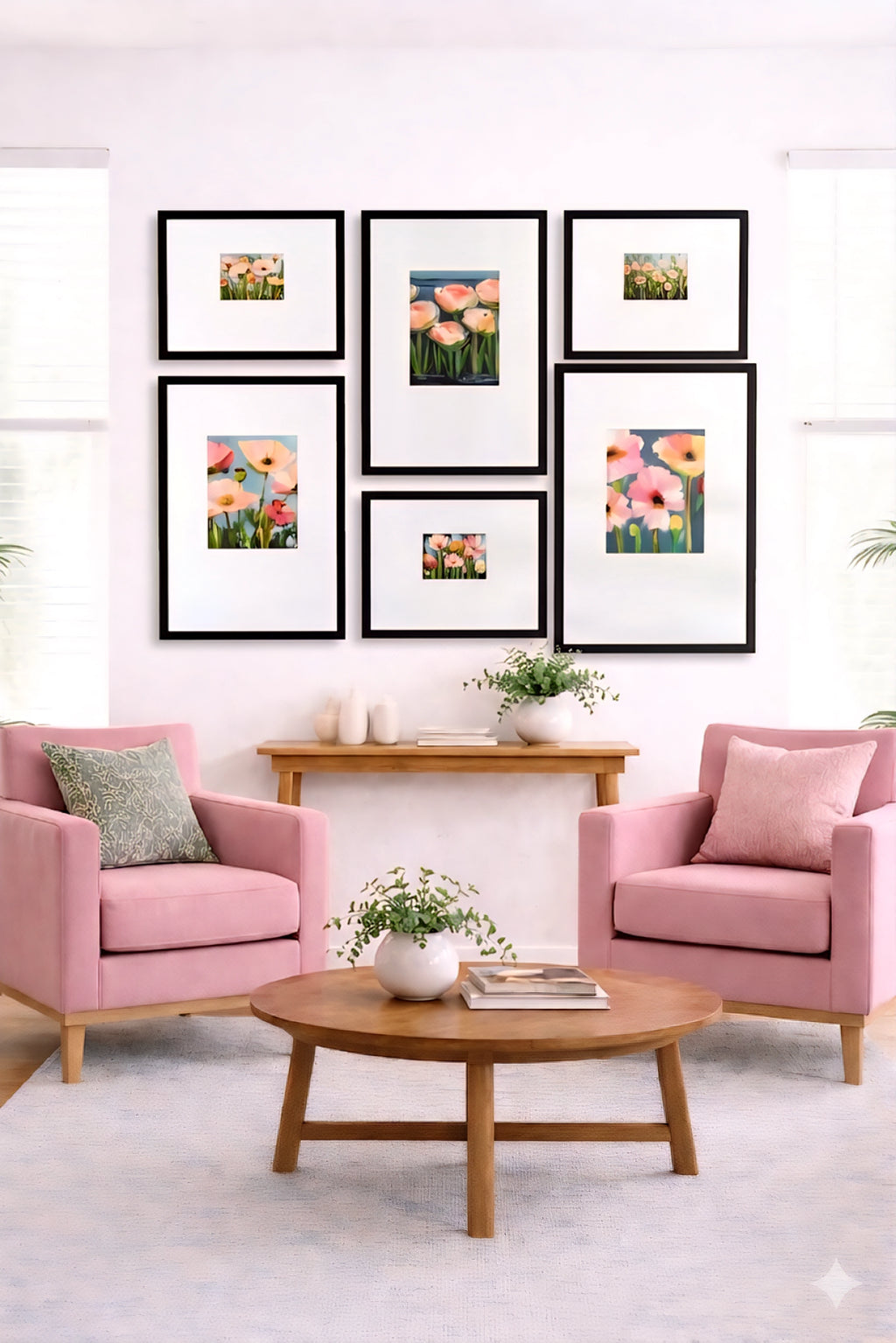 floral gallery wall art set of 6 printable flower prints in black frames styled above console table in bright living room with pink chairs and soft feminine decor