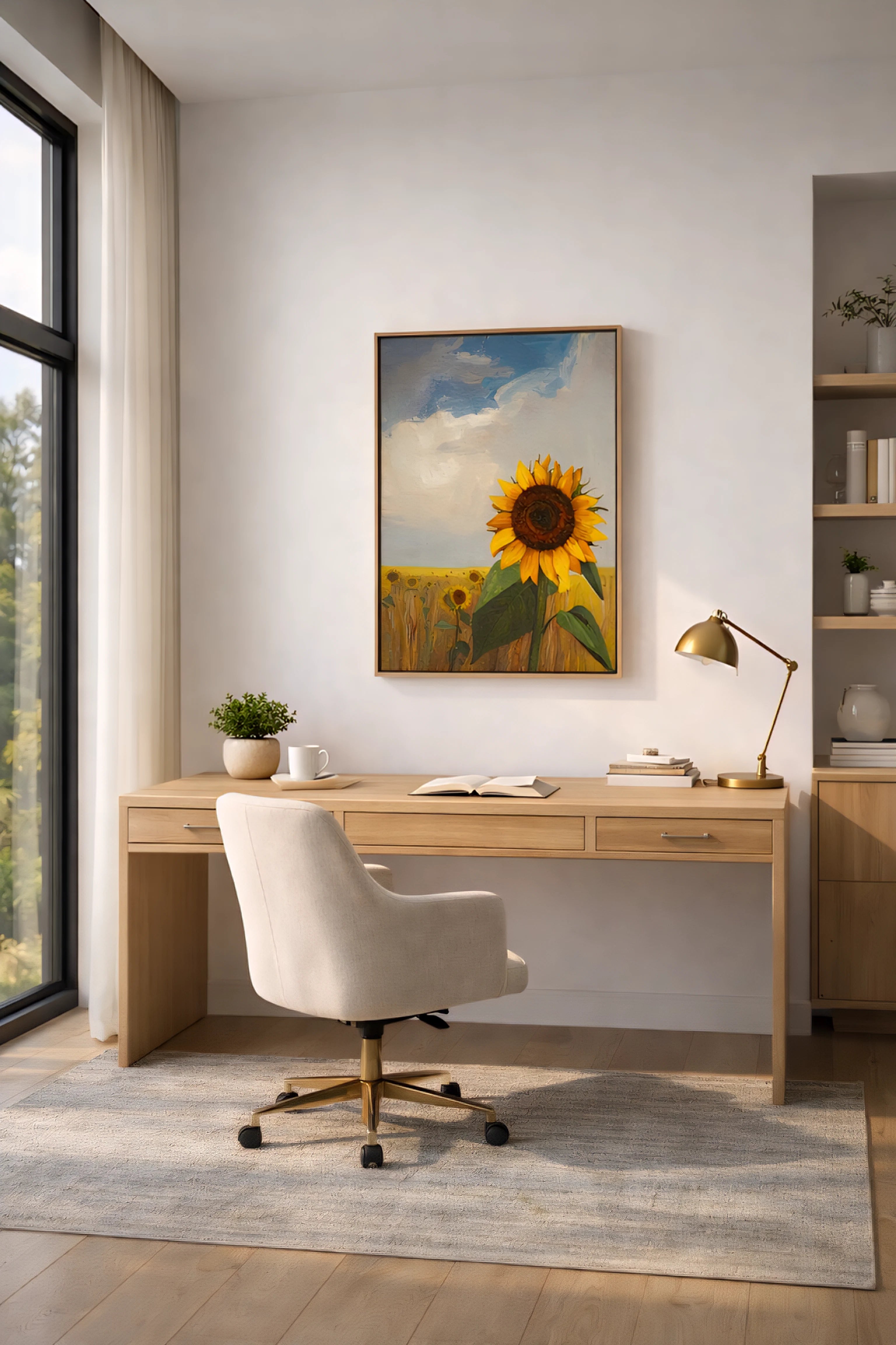 Savvy Places sunflower wall art print in a bright field landscape styled above a desk in a light-filled modern home office.