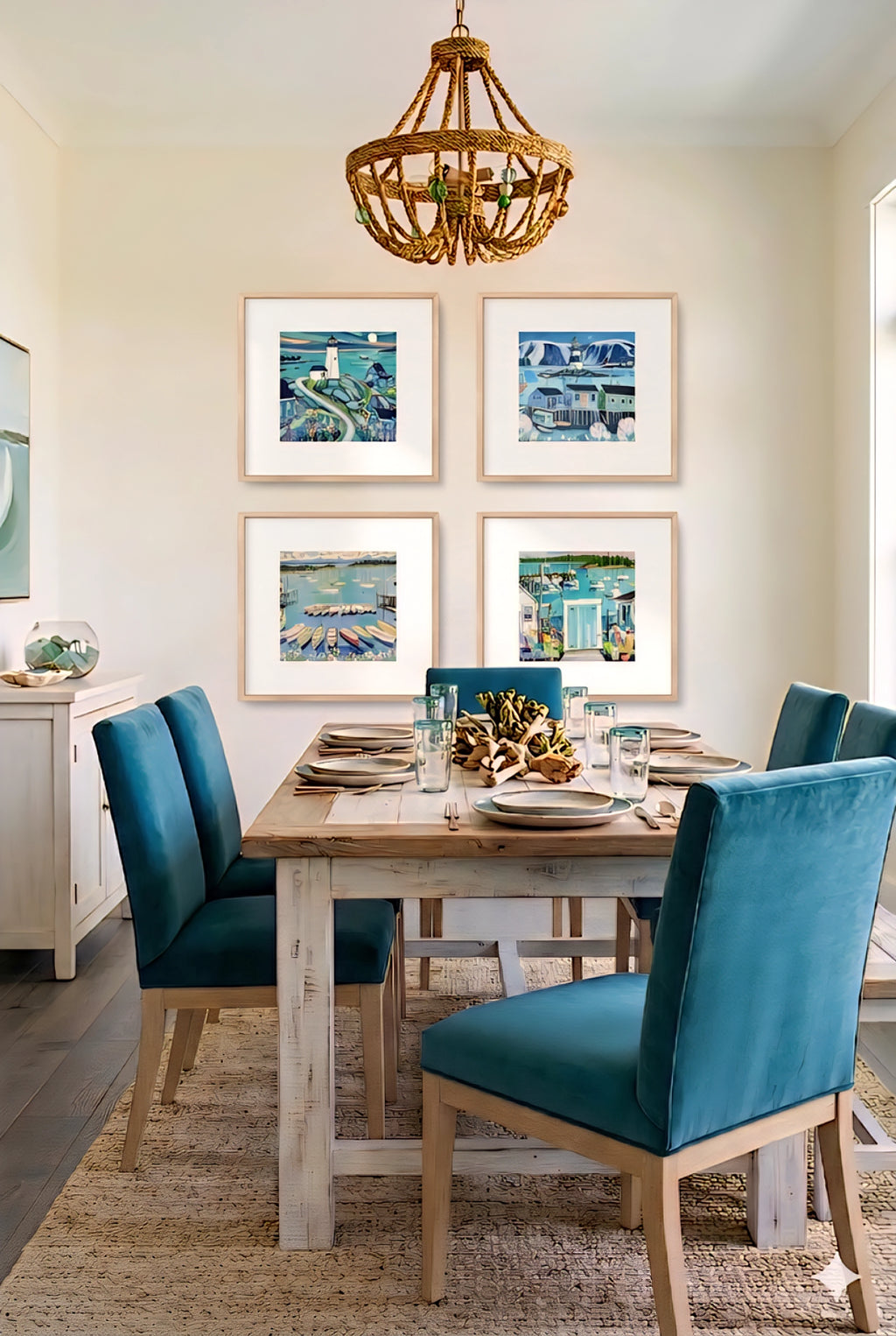 Coastal wall art bundle of 4 digital downloads displayed in a bright dining room, featuring lighthouse, harbor boats, and seaside cottages in soft blue tones, styled above a wood dining table with blue upholstered chairs for relaxed coastal decorinspo dining space design