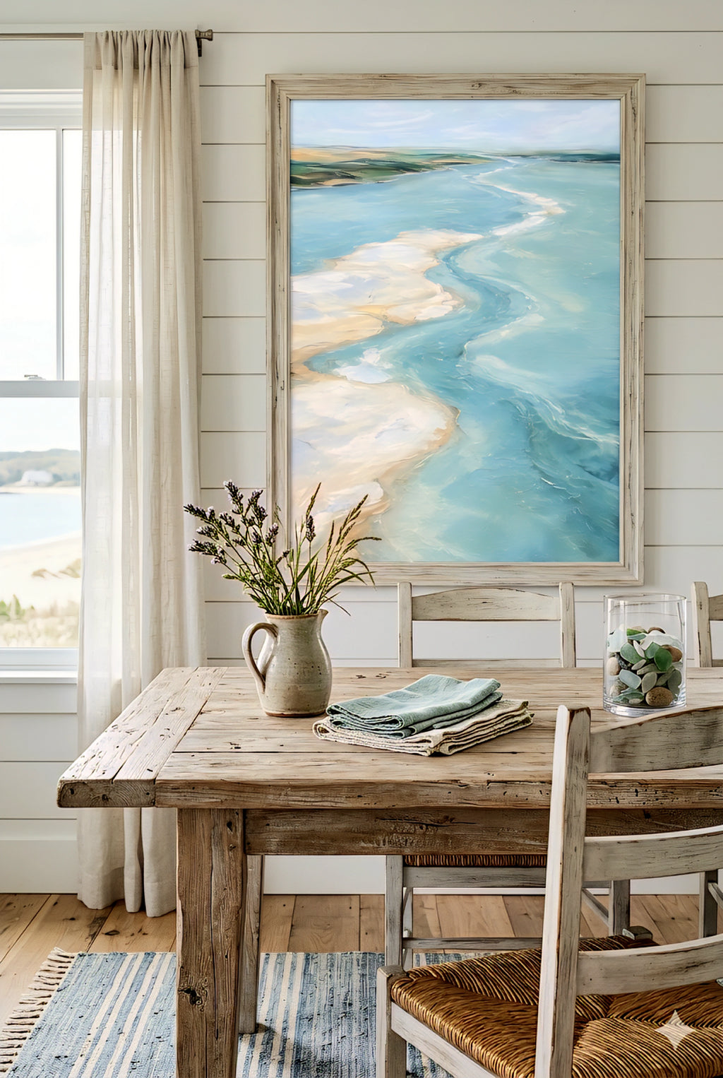 Coastal dining room with large beach artwork above rustic wood table, neutral decor and ocean view window